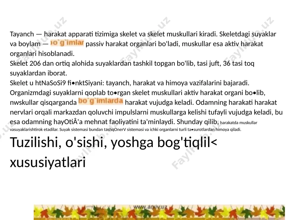 lishini, skolioz va boshqa patologik holatlarga olib keladi. umurtqa pog•anasining bo'yin va bel qismi juda haraktchan. umurtqa pog•ananing uzunligi erkaklarda 75 sm., ayollarda 68 sm. ga teng. umurqa pog•anasi bukiladi va yoziladi, ung va chapga ko'krak q ast 2 ju qabiig•alar va tush suyagining birikishidan hosil bo'ladi. k6'krak qafasining shakli 2 xil: uzun ensiz va qisqa keng. ko'krak qafasining asosiy shakllari konussimon, silindirsimon va yassi bo'lishi mumkin. ko*krak qafasining shakli bolaning yoshi ortishi bilan o•zgarib turadi. bolaning bir yoshida ko'krak qafvasi konus shaklida bo'ladi. bolaning.:42— 13 yoshlarida uning shakli katta odamnikiga o•xshash bou . ko•trak qafasining jinsiy farqi 15 yoshdan boshlanadi.skeleti. nafas olganda •il j bolalarda' kö'kiak qafasidagi pastki qabirg•alar qiz bolalarda eså yuqoriga qabirg•alar ko'tariladi. ko•krak qafasining aylanasida ham jinsiy tarq seziladi. 3 yoshdan 10 yoshgacha ko'krak qafasining aylanasi 1 yilda 1 — 2 sm, jinsiy voyaga etish davrida esa 11 yoshdan boshlab 2 - 5 sm ga ortadi. …