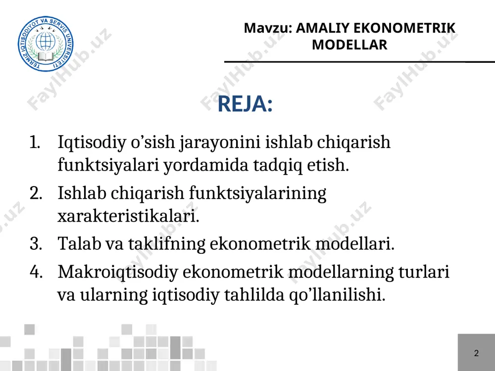 yonini ishlab chiqarish funktsiyalari yordamida tadqiq etish. 2 kobb-duglas ishlab chiqarish modelini baholash 2010-2021 yillarda surxondaryo viloyatida amalga oshirilgan qurilish ishlari hajmi va unga ta’sir etuvchi omillar 1. iqtisodiy o’sish jarayonini ishlab chiqarish funktsiyalari yordamida tadqiq etish. 2 kobb-duglas ishlab chiqarish modelini baholash 2. ishlab chiqarish funktsiyalarining xarakteristikalari. 2 yozib olamiz 2. ishlab chiqarish funktsiyalarining xarakteristikalari. 2 kapital qiytimi yozib olamiz 2. ishlab chiqarish funktsiyalarining xarakteristikalari. 2 mehnat unumdorligi yozib olamiz 2. ishlab chiqarish funktsiyalarining xarakteristikalari. 2 chekli kapital qaytimi yozib olamiz 2. ishlab chiqarish funktsiyalarining xarakteristikalari. 3 chekli mehnat unumdorligi 2. ishlab chiqarish funktsiyalarining xarakteristikalari. 3 chekli texnologik almashinish me’yori 2. ishlab chiqarish funktsiyalarining xarakteristikalari. 3 2. ishlab chiqarish funktsiyalarining xarakteristikalari. 3 mehnatning fond bilan qurollanishi 2. ishlab chiqarish funktsiyalarining xarakteristikalari. 3 surxondaryo viloyati qurilish sanoati samaradorlik ko’rsatkichlari 2. ishlab chiqarish funktsiyalarining xarakteristikalari. 3 mehnatning fond bilan qurollanishi 2. ishlab chiqarish funktsiyalarining xarakteristikalari. 3 elastiklik koeffitsiyentlari 2. ishlab chiqarish …