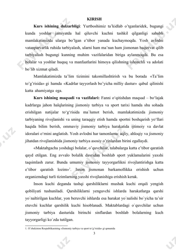 n qila olishiga qarab individga kuchli, chaqqon, tezkor va h.k. deb baho berganlar. bu sifatlar o`lchovga ega, uning ko`rsatkichlari jismoniy tayyorgarlik ko`rsatkichlari deb ataladi va ko`rsatkichlar orqali individning ijodiy mehnatga va vatan mudofaasiga tayyorligi aniqlanadi. masalan, individ 100 kg og’irlikdagi shtangani elkaga olib faqat 3 marotaba o`tirib tura olsa, boshqasi shu vazn bilan 5 marotabadan ortiq o`tirib tura olishi mumkin. shu mashqni ikki marta ortiq bajarganligi uchun ikkinchi o`rtoqning kuch sifati rivojlangan deb baholanadi2. bu sifat organizmning suyak, muskul va boshqa a`zolarining to`qimalari, hujayralari vahokazolarning rivojlanganligigagina bog’liq bo`lmay, ma`naviy-ruhiy fazilatlariga ham bog’liq. shuning uchun harakat sifatlarini tarbiyalash ma`naviy-ruhiy fazilatlarni tarbiyalash ishi bilan cham barchas bog’liq va tarbiyaning shu yo`nalishiga vosita bo`lib xizmat qiladi. harakat sifatlarini tarbiyalashga intilish insoniyatning azaliy orzusi. mehnat qurollari,harbiy anjom va aslaxa bilan muomala qilishning samaradorligi tabiat insonga inoom etgan va uni tarbiya jarayonida rivojlantirish mumkin bo`lgan jismoniy fazilatlarga bog’liq tarbiyalash lozimligi masalasini ko`ndalang qo`yadi. jismonan barkamol, …