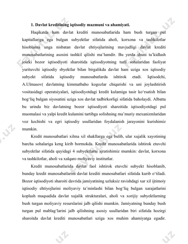 turgan pul mablag‘larini jalb qilishning asosiy usullaridan biri sifatida hozirgi sharoitda davlat krediti munosabatlari uziga xos muhim ahamiyatga egadir. mamlakat ichkarisida davlat krediti munosabatlarini amalga oshirishda odatda davlat karzdor subyekt sifatida qatnashadi kreditorlar esa aholi, korxona va tashkilotlar ishtirok etadi. xalqaro iqtisodiy munosabatlar doirasida esa davlat ham kreditor hamda karzdor sifatida ishtirok etadi. iqtisodiy kategoriya sifatida davlat krediti moliya va kredit kabi ikki turdagi pul munosabatlarining o‘rtasida kolgan bulib, bir vaktning uzida kredit munosabatlariga xos sifat belgilariga ega va moliyaviy munosabatlarga xos sifat belgilariga ega. moliya tizimining bug‘ini sifatida davlat krediti davlatning markazlashtirilgan pul fondlarini ya’ni davlat budjeti va budjetdan tashqari fondlarni shakllantirish va ulardan foydalanishga xizmat kiladi. davlat krediti kredit munosabatlarining bir turi sifatida kator xususiyatlarga egaki, bu xususiyatlar vositasida klassik moliyaviy kategoriyalar, masalan, soliqdan farklanadi. soliqdan farkli ravishda ¤ ixtiyoriy xarakter kasb etadi. bu xususiyati bilan imperativ pul munosabatlari katoriga kirmasligini ko‘rsatib beradi. ammo shuni ta’kidlash joizki, budjet …