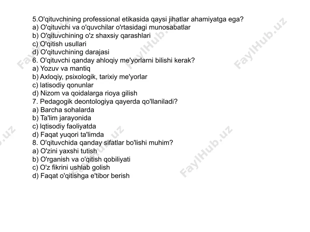 buriyatlari 13. o'qituvchi qanday qilib o'z axloqiy qoidalarga rioya gilishi kerak? a) har doim o'zini sinchiklab baholash orqali b) o'quvchilarga o'z fikrlarini og'zaki yetkazish c) o'z haqini bilish orqali d) eng yaxshi o'qituvchilarni kuzatish orqali 14. pedagogik etika qanday natijalarga olib keladi? a) o'qitish jarayonining murakkablashuvi b) o'quvchilar va o'qituvchilar o'rtasida ishonch c) ta'limni moliyalashtirish d) o'qituvchilarni ishga olish 15. o'qituvchi qanday faoliyatni amalga oshirishi zarur? a) faqat dars o'tish b) o'quvchilar bilan muloqot va munosabat c) o'z taassurotlarini qoldirish d) o'z shaxsiy manfaatlarini ko'zlash 16. ta'limda deontologiya qaysi prinsipga asoslanadi? a) o'zaro hurmat b) moliyaviy natijalar c) o'zbekiston tarixiga hurmat d) ta'limda raqobat 17. o'aituvchining o'z-o'zini rivojlantirish uchun nima muhim? a) ta'lim standartlarini bilish b) o'qitish metodlarini takomillashtirish c) o'quvchilardan uzilish d) shaxsiy hayotga e'tibor berish 18. o'gituvchi o'quvchilarning hissiyotlariga qanchalik e'tibor berishi kerak? a) dars davomida faqat bilimga e'tibor b) hissiyotlarni hurmat gilish c) o'quvchilarni uzoq tutish d) …