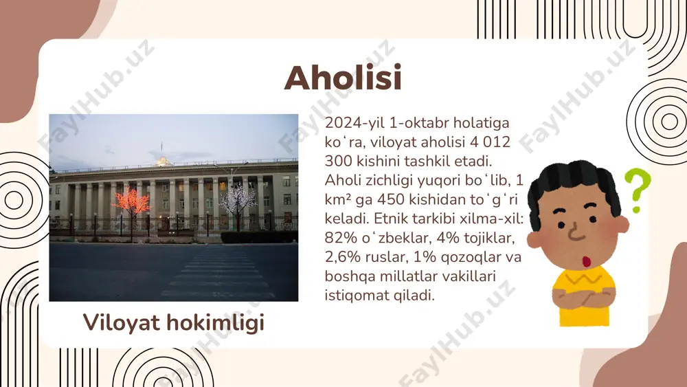 ur bozorlarda mahalliy ipak mahsulotlari, gilamlar, keramika va boshqa qo‘l mehnati mahsulotlarini topish mumkin. - geografiya: farg‘ona vodiysining markazida joylashgan margilon tog‘lar va yashil dalalar bilan o‘ralgan go‘zal tabiatga ega. tarixiy shaharlari qo‘qon — o‘zbekistonning farg‘ona viloyatidagi yirik shahar. u farg‘ona vodiysining g‘arbiy qismida, so‘x daryosi bo‘yida joylashgan. qo‘qon boy tarixga ega bo‘lib, xviii-xix asrlarda qo‘qon xonligining poytaxti bo‘lgan. tashkil topgan yili: milodiy viii asrdan boshlab aholi yashab kelgan, ammo rasmiy ravishda 1732-yilda qo‘qon xonligi poytaxti sifatida shakllangan. aholisi: taxminan 250 mingdan ortiq. iqtisodiyoti: sanoat, qishloq xo‘jaligi va savdo rivojlangan. to‘qimachilik, metallsozlik va oziq-ovqat sanoati muhim o‘rin tutadi. madaniy merosi: qo‘qon xon saroyi (xudoyorxon madrasasi), jome masjidi, norbutabiy madrasasi va boshqa tarixiy yodgorliklari bilan mashhur. ta’lim va madaniyat: shaharda universitetlar, madaniyat saroylari va teatrlar faoliyat yuritadi. qo‘qon har yili ko‘plab sayyohlarni jalb qiladi va o‘zbekistonning madaniy markazlaridan biri hisoblanadi. 1876-yilda qo‘qon rossiya imperiyasi tarkibiga qo‘shilgan va keyinchalik sovet ittifoqi davrida …