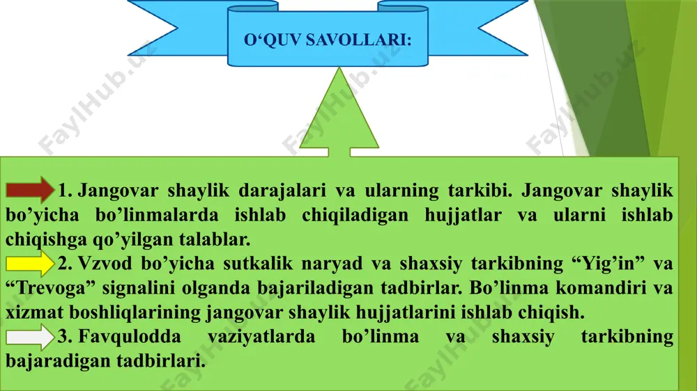 nikalarni jangovar shayligini ko‘tarish bo‘yicha bajariladigan ishlar ketma-ketligi va davomiyligi. jangovar shaylik darajalari va ularning tarkibi. vzvod bo’yicha sutkalik naryad va shaxsiy tarkibning “yig’in” va “trevoga” signalini olganda bajariladigan tadbirlar. jangovar shaylik - bu o‘z vazifalarini to‘g‘ri tushunishi, barcha shaxsiy-tarkibni yuqori jangovar maxorati va oqq lari qo‘llangan sharoitlarda faoliyat ko‘rsatishga tayyorgarligi, shaxsiy-tarkibning yuqori axloqiy-ruxiy holati, mustaxkam intizom va xushyorligi bilan, shaxsiy-tarkibning shtat bo‘yicha to‘liqligi va ta’minlanganligi, qurol va jangovar texnikalardan samarali foydalanish, jangni ta’minlash, bo‘linmalarni moxirona boshqarish va amalga oshirish tadbirlar majmuidir. jangovar shaylik to’g’risida tushuncha, harbiy hizmatchilarning trevoga bo’yicha majburiyatlari. o‘zbekiston respublikasi qurolli kuchlarida jangovar tayyorgarlikning 4 ta bosqichi mavjud: a) doimiy; b) kuchaytirilgan; v) harbiy xavfi; g) to‘liq. a) doimiy- bu qism va bo‘linmalar tayyorligining shunday xolatiki, bunda mashgulot jadvali bo‘yicha jangovar va siyosiy tayyorgarlik ko‘riladi, jangovar maxorat oshirib boriladi, jismoniy chinikish, qurol-yarog‘ va texnikadan to‘la va samarali foydalana bilish, himoya vositalari va maskirovkadan foydalanish maxorati oshiriladi va …