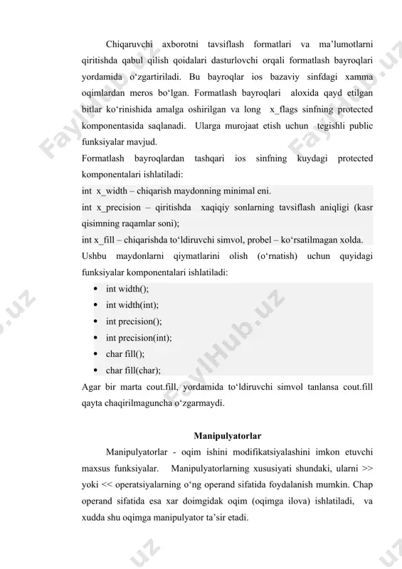 ixatdan ekvivalent bo‘lgan getline funksiyasi mavjud: farqi faqat shundaki, getline funksiyasi satr oxiridan oxirgi belgini qaytarmaydi. ifstream ofi (’’c:\text.txt’’); char s; char ss[9]; s=ofi.get (); cout >ss; cout #include void main(void) { ifstream input_file("bookinfo.dat"); char word[64] ; while (! input_file.eof()) { input_file >> word; cout #include void main(void) { char line[256] ; ifstream input_file("bookinfo.dat") ; if (input_file.fail()) cerr << "ochilish xatosi bookinfo.dat" << endl; else { while ((! input_file.eof()) && (! input_file.fail())) { input_file.getline(line, sizeof(line)) ; if (! input_file.fail()) cout << line << endl; } } } faylning kerak bo‘lmay qolganda berkitilishi dasturni tugallash uchun operatsiya tizimi o‘zi ochgan fayllarni berkitadi. biroq, odatga ko‘ra, agar dasturga fayl kerak bo‘lmay qolsa, uni berkitishi kerak. faylni berkitish uchun dastur, quyida ko‘rsatilganidek, dastur close funksiyasidan foydalanishi kerak: input_file.close (); faylni yopayotganingizda, dastur ushbu faylga yozib olgan barcha ma’lumotlar diskka tashlanadi va ushbu fayl uchun katalogdagi yozuv yangilanadi. o‘qish va yozish operatsiyalarining bajarilishi xozirga …