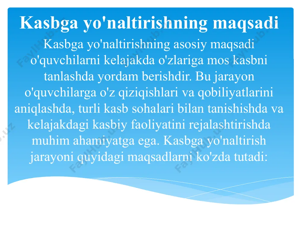 asbiy testlar va anketalar o'quvchilarga o'zlarining potentsialini yanada aniqroq baholash imkonini beradi. 3. amaliyot va tanishtirish tadbirlari o'quvchilarni kasbga yo'naltirishda amaliyot va tanishtirish tadbirlari tashkil etish muhimdir. bu tadbirlar o'quvchilarga turli kasblar va ish muhitlari bilan tanishish imkonini beradi. masalan, o'quvchilar ishlab chiqarish korxonalariga, tibbiyot muassasalariga yoki boshqa sohalarga tashrif buyurishlari mumkin. bunday tadbirlar o'quvchilarga kasbni nafaqat nazariy, balki amaliy jihatdan ham tushunishga yordam beradi. 4. o'qituvchilar va psixologlar bilan maslahatlar o'qituvchilar va psixologlar o'quvchilarga kasbga yo'naltirishda yordam berishadi. ular o'quvchilarning individual qobiliyatlarini, qiziqishlarini va imkoniyatlarini baholashadi, shuningdek, kasb tanlashda qanday omillarni hisobga olish kerakligini tushuntiradilar. psixologlar esa o'quvchilarga o'zlarini anglash, ichki ehtiyojlarini aniqlash va eng mos kasbni tanlashga yordam beradi. 5. kasb-hunarlar bo'yicha ko'rgazmalar va uchrashuvlar maktablar va ta'lim muassasalari tomonidan tashkil etiladigan kasb-hunar ko'rgazmalari va uchrashuvlar o'quvchilarga turli kasb sohalariga oid batafsil ma'lumot olish imkonini beradi. bu ko'rgazmalar, odatda, turli kasb sohasidagi mutaxassislar va tashkilotlar ishtirokida o'tkaziladi, ular …