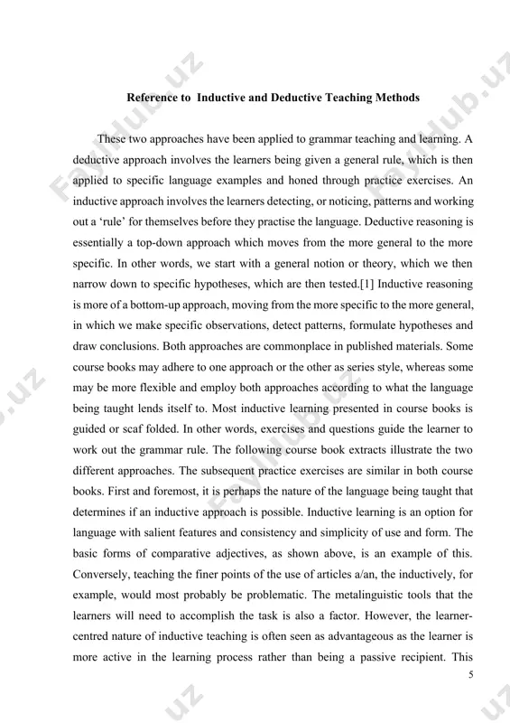 ch we make specific observations, detect patterns, formulate hypotheses and draw conclusions. both approaches are commonplace in published materials. some course books may adhere to one approach or the other as series style, whereas some may be more flexible and employ both approaches according to what the language being taught lends itself to. most inductive learning presented in course books is guided or scaf folded. in other words, exercises and questions guide the learner to work out the grammar rule. the following course book extracts illustrate the two different approaches. the subsequent practice exercises are similar in both course books. first and foremost, it is perhaps the nature of the language being taught that determines if an inductive approach is possible. inductive learning is an option for language with salient features and consistency and simplicity of use and form. the basic forms of comparative adjectives, as shown above, is an …