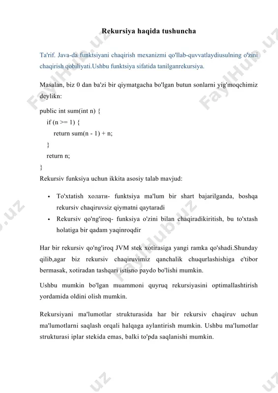 ilsum(currentsum + n, n - 1); } quyruq rekursiyasi bilanrekursiv qo'ng'iroq - bu usulning oxirgi ishidir, shuning uchun joriy funktsiyada bajariladigan hech narsa qolmaydi. shunday qilib, mantiqiy ravishda joriy funktsiyaning stek ramkasini saqlashga hojat yo'q. kompilyator bo'lsa-daбалкиxotirani optimallashtirish uchun ushbu momentdan foydalanish uchun shuni ta'kidlash kerakjava kompilyatori hali quyruq rekursiyasini optimallashtirmaydi. rekursiv usulni loyihalashda sizga kerakligini yodda tuting: · asosiy variant. bu sizning rekursiyangiz qachon to'xtashini va natijani chiqarishini aniqlaydi. faktorial misoldagi asosiy holat: · if (n <= 1) { · return 1; · } · rekursiv qo'ng'iroq. ushbu bayonotda siz o'zgartirilgan parametr bilan usulni qayta chaqirasiz. yuqoridagi faktoriy misolda rekursiv chaqiruv: · else { · return n * factorial(n - 1); · } chiqish ushbu misolda siz n-chi omil raqamini hisoblayapsiz. birinchi faktoriallar: 0! = 1 1! = 1 2! = 1 x 2 = 2 3! = 1 x 2 x 3 = 6 to'rtta! = 1 x …
