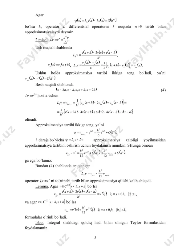 rdan foydalanilamiz approksimatsiyalardan biri (v rasm) , (13) bunda . a) shablonda: . (14) to`qqiznuqtali shablonda (g rasm) ayirmali operatorlarning ikkiparametrli oilasini yozish mumkin . (15) (15) dan bo`lganda (13), bo`lganda esa (14) kelib chiqadi. (13), (14), (15) ayirmali operatorlar approksimatsiya tartibiga ega. o`z-o`zini tekshirish uchun savollar 1. tekis va notekis to`rlar to`g`ri chiziqda, tekislikda va fazoda qanday quriladi? 2. da norma qanday aniqlanadi? 3. va fazolar elementlarini solishtirishning qanday usullarini bilasiz? 4. birinchi tartibli hosilani approksimatsiya qilishning qanday usullarini bilasiz? 5. ikkinchi tartibli hosila qanday approksimatsiyalanadi? adabiyotlar 1. бахвалов н.с., жидков н.п., кобельков г.н. численные методы. м: наука, 1987. (481-490 betlar) 2. самарский а.а, введение и численные методы. м: наука, 1987. (139-143 betlar) 3. самарский а.а. теория разностных схем. м: наука, 1989. (60-80 betlar) 4. марчук г.и. методы вычислительной математики. м: наука, 1989. (35-41 betlar) 1 2 _1138695915.unknown _1139464263.doc _1139464395.doc _1139465899.doc _1294749064.unknown _1295883071.doc _1486215712.unknown _1486215716.unknown _1486215737.unknown _1486215740.unknown _1486215745.unknown _1486215750.unknown …