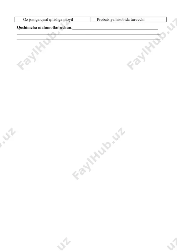 nlikdan jabr ko �rgani uchun) jiemdan qaytgan probatsiya hisobida turuvchi qo�shimcha ma�lumotlar uchun:_________________________________________ _____________________________________________________________________ _____________________________________________________________________