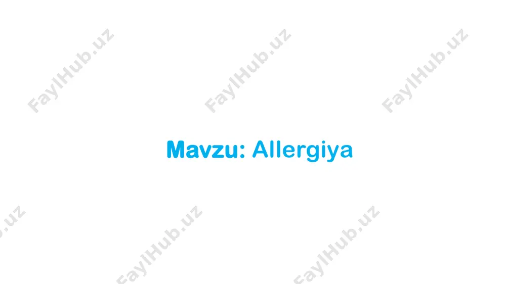 anafilaktik reaksiya • ii tip → sitotoksik reaksiya • iii tip → immunokompleks reaksiya • iv tip → gipersezuvchanlik sekin tipi b. allergen kelib chiqishiga ko’ra: • ekzogen allergen chaqirgan allergik reaksiya • autoallergik reaksiya c. klinik belgilar bo’yicha (kuk klassifikatsiyasi): • tez tipdagi allergik reaksiya (i, ii, iii tip) • sekin tipdagi allergik reaksiya (iv tip) d. patogenezi bo’yicha: • gumoral tipdagi allergik reaksiya (i, ii, iii tip) • hujayraviy tipdagi allergik reaksiya (iv tip) tez tipdagi allergik reaksiya: • allergen va sezuvchi organizm kontaktidan keyin darrov yoki 15-20 daqiqadan so’ng namoyon bo’ladi. • bularga: − anafilaktik shok − bronxial astma − o’simlik guli changiga allergiya sekin tipdagi allergik reaksiya: • allergen va sezuvchi organizm orasidagi aloqadan 24-48 soatdan so’ng yuzaga keladi • bularga: − tuberkulin sinamasi − transplantni ko’chirib o’tkazish reaksiyasi ● allergik reaksiya quyidagi bosqichlarda kechadi: a) immunologik bosqich b) patokimyoviy bosqich c) patofiziologik bosqich ● immunologik …
