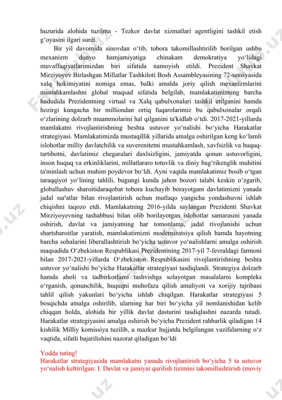 qin qonun hujjatlari qabul qilindi. o‘zbekistonda saylov huquqi erkinligini ta'minlash va saylov qonunchiligini rivojlantirish sohasida saylov qonunchiligi takomillashtirilib, saylov tizimi izchil va bosqichma-bosqich liberallashtirib borildi. muddatidan oldin ovoz berish muammosini hal etish, uchastka saylov komissiyalari faoliyatining oshkoraligini ta'minlash borasida amaldagi qonun hujjatlariga o‘zgartirishlar kiritish belgilandi. ayni paytda yurtimizda 9 mingdan ortiq nodavlat notijorat tashkiloti mavjud. 29 ta xalqaro va xorijiy nohukumat tashkilotlarining filial va vakolatxonalari faoliyat yuritmoqda. 2017-yilda «nuroniy» jamg‘armasi, yoshlar ittifoqi, o‘zbekiston fermer, dehqon xo‘jaliklari va tomorqa yer egalari kengashi, savdo-sanoat palatasi, o‘zini-o‘zi boshqarish organlari faoliyatini muvofiqlashtirish bo‘yicha respublika kengashi kabi nodavlat notijorat tashkilotlari faoliyatini takomillashtirish va ularni qo‘llab-quvvatlashga qaratilgan alohida farmon va qarorlar qabul qilindi. xalq bilan muloqotning yo‘lga qo‘yilishi. 2016-yilda ilk bor mamlakat aholisi va hukumatning to‘g‘ridan-to‘g‘ri muloqoti yo‘lga qo‘yildi. shu yilning sentabr oyida bosh vazirning (pm.gov.uz elektron manzilida) virtual qabulxonasi ochildi. 2017-yilning “xalq bilan muloqot va inson manfaatlari yili” deb e'lon qilinishi bu sohadagi ishlarni faollashtirdi. …