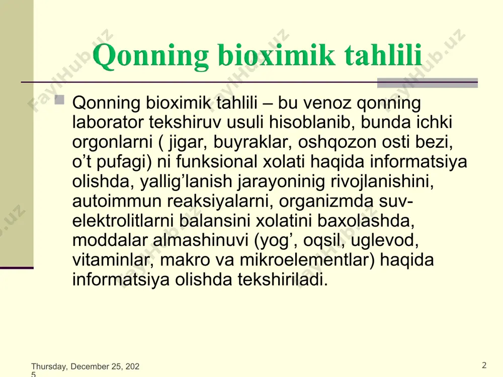 ilishi (masalan, o’t tosh kasalligi). umumiy bilirubinni normal ko’rsatkichi: 3,4-17,1 mkmol/l. umumiy bilirubin umumiy bilirubin 2 komponent: bog’langan va bog’lanmagan bilirubindan iborat. normada: yacht 1-sutkagacha 34 mkmol/l dan kam yacht 1-2-sutka 24-149 mkmol/l yacht 3-5-kungacha 26-205 mkmol/l 5-kundan asta-sekin pasayib to 60 yoshgacha 21 mkmol/l * bog’langan bilirubin – sariqlikda, jigardan o’t-safro oqimining buzilishida miqdori oshadi. normal ko’rsatkichi: 0-7,9 mkmol/l. bog’lanmagan bilirubin – eritrotsitlarni kuchli parchalanishida – ya’ni gemolitik anemiyada, maliriyda, to’qimalarga massiv qon quyilishida. normal ko’rsatkichi: <19 mkmol/l. acat – asosiy fermentlardan biri hisoblanib, jigarda sintez qilinadi. normada bu ferment qon plazmasida bo’ladi, eng ko’p jigar hujayralarida bo’ladi. ularning miqdori oshishi jigar va yurak kasalliklarida,pankreatit,sitoliz,gemalitik anemiya,miokard infarktda, bundan tashqari aspirin va gormonlarni ko’p qabul qilganda kuzatiladi.kamayishi :xolestaz sindromida. normal ko’rsatkichi: ayollarda – 31 ед/л erkaklarda – 37 ед/л * * алат– bu ferment jigarda sintez qilinadi. ularning eng ko’p miqdori jigar hujayralarida joylashgan bo’lib, ularning miqdori oshishi (gepatit, sirroz, …