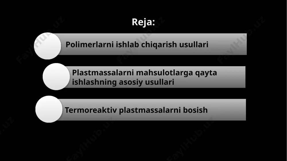 . plastmassa mahsulotlarini ishlab chiqarish texnologiyasi manba materialining termoplastik yoki termoset plastmassa guruhiga mansubligiga bog'liq. termoplastikaga qizdirilganda plastikka aylanadigan va sovutilganda qattiqlashadigan plastmassalar kiradi. qayta isitish paytida bunday plastmassalar har safar plastik holatga o'tadi. bunday plastmassalarning asosini termoplastik polimerlar tashkil etadi, masalan: polimetil metakrilat, polistirol, polietilen va molekulalarning chiziqli tuzilishiga ega boshqalar. isitilganda, bu polimerlar hech qanday kimyoviy o'zgarishlarni kuylamaydi. termosetlarga qizdirilganda qattiq, termoplastik holatga o'tadigan plastmassalar kiradi. qayta qizdirilganda, bunday plastmassalar plastik holatga o'tmaydi va yumshamaydi. bunday plastmassalarning asosini termoset polimer qatronlar tashkil etadi: fenolik-formaldegid, epoksi, poli-efir va boshqalar.qizdirilganda bu qatronlar kimyoviy o'zgarishlarga uchraydi va fazoviy tuzilmani hosil qiladi boshlang'ich materiallarning tarkibi termoset qatronlar asosida mahsulotlar ishlab chiqarish uchun bog'lovchi (qatron) bilan singdirilgan plomba moddasidan iborat press materiallari ishlatiladi. birlashtiruvchi vosita sifatida fenolik-formaldegid qatroni rezol bosqichida (qatron chiziqli tuzilishga ega va eritishga qodir bo'lganda) eng keng qo'llaniladi. ushbu press materiallari kimyoviy zavodlarda quruq, lak yoki emulsiya usuli bilan olinadi. …