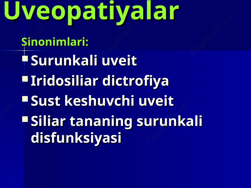ishlarning asosida uning tomirlaridagi patologik jarayonlar yoqqol skleroz, tomir devorlari gialinozi yotadi. bu tomirlarni torayishiga va to’liq yopilib qolishiga, buning natijasida esa rangdor pardaning qon bilan ta’minlanishi va oziqlanishi keskin yomonlashadi shaunday qilib patolaik simptomlar kompleksi rivojlanadi. tomirlar zararlanishi kelib chiqish geneziga qarab turli hil bo’ladi: - тоksik - distrofik - endokrin - oqsil almashinuvi bilan bog’liq rangdor va shoh pardaning essensial rivojlanuvchi mesodermal distrofiyasi klinika ko’pincha yosh ayollar kasallanadi sust kechuvchi , ko’p yillar davom etuvchi boshlang’ich davrda ildiz sohasida local fibroz oldingi goniosinehiya paydo bo’ladi goniosinehiya rangdor pardani shoh pardaning orqa yuzasiga tortadi jarayonda qorachiqning o’zgarishi kuzatiladi: oval shaklda bo’lib goniosinehiya tomonga tortilgan bo’ladi rangdor pardada distrofik o’zgarishlar kuzatiladi, keyinchalik mesodermal va pigment qavatning yirtilishi kuzatiladi sohta qorachiqlar paydo bo’ladi- psevdopolikoriya paralel ravishda fusk endothelial distrofiyasi tipi bo’yicha shoh parda endoteliysida o’zgarishlar paydo bo’ladi essensial rivojlanuvchi distrofiyada rangdor parda va shoh parda stromasining atrofiyasi essensial rivojlanuvchi rangdor va …