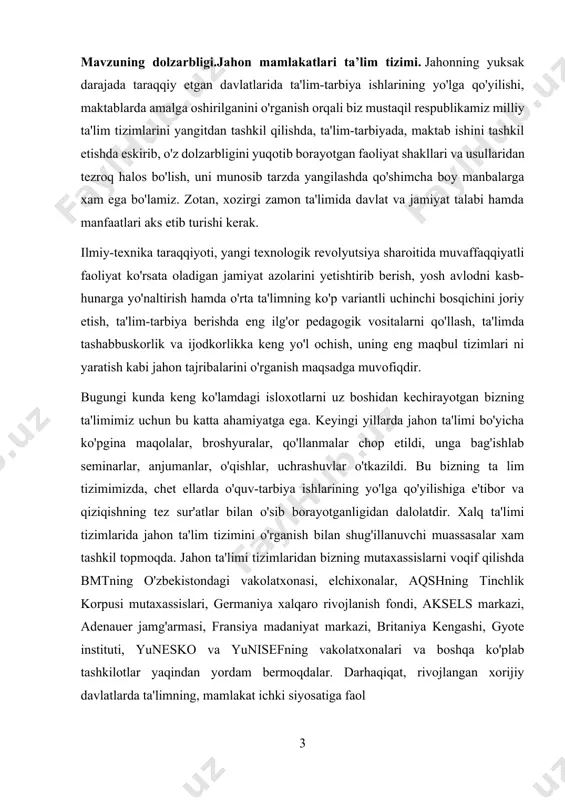 ing dunyo bo’ylab tan olinishi chet el tajribasini o’rganish jarayonini tezlashtiradi. 1997 yilda xtsk (xalqaro ta’lim standart klassifikatsiyasi) yangilandi. unda yettita bosqich ko’rsatilgan. 0 – maktabgacha ta’lim; 1 – boshlang’ich ta’lim; 2 – o’rta ta’limning birinchi bosqichi; 3 – o’rta ta’limning ikkinchi bosqichi’ 4 – o’rta ta’limdan keyingi ta’lim (oliy ta’lim emas); 5 – oliy ta’limning birinchi bosqichi; 6 – oliy ta’limning ikkinchi bosqichi – oliy ta’limdan keyingi ta’lim. jahon ta’lim tizimining ko’p omilli ko’rinishga egaligi metablokli, makroregional va alohida davlatlardaga ta’lim tizimini tahlil etishga imkon beradi. jahon ta’lim tizimining o’zaro aloqadorligi va o’zaro harakati belgilariga ko’ra regionlarni bir necha turga bo’lish mumkin: birinchi turga integrasion jarayon generatorlari hisoblangan regionlar kiradi. bunday regionga eng yorqin misol sifatida g’arbiy yevropani keltirish mumkin. birlik g’oyasi 1990 yillardan g’arbiy yevropa davlatlarida ta’lim islohotlarining asosiga aylandi. birinchi turga mansub regionlarga shuningdek, aqsh va kanada kabilarni ham kiritish mumkin. jahonda integratsion jarayonlarning generatori sifatida yangi …