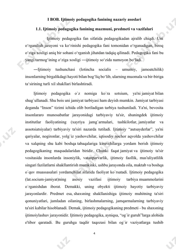 ing turli javhalaridagi bu insonlar, albatta, yuqori malakali pedagogik yordamga muxtojdirlar. ijtimoiy pedagogikaning boshqa fanlar bilan aloqasi. rivojlangan davlatlarda ijtimoiy tarbiyani amaliy tashkil etish maxsus kasb darajasiga ko`tarilgan. janubda bu kasb “ijtimoiy faoliyat” deb yuritiladi. bizning yurtimizda aholining, umuman jamiyat a'zolarini ijtimoiy muqofazalashga doir qator ishlar amalga oshirilishidan qat'i nazar, u bilan shug`ullanuvchi maxsus fan yo`nalishi to`liq shakllanmagan. ijtimoiy ish jamiyat a'zolarining bir-biriga insoniy munosabatda bo`lishini taqozo etadi. qadim zamonlarda bu faoliyatning diniy mas'ullik, saqiylik, xayrixohlik singari qirralari namoyon bo`lgan. “ijtimoiy pedagogika” ning paydo bo`lishi jamiyatning iqtisodiy, siyosiy va ijtimoiy qayotidagi o`zgarishlar bilan boqliq. chunki bu o`zgarishlar tarbiya jarayonini murakkablashtirib, yoshlar tarbiyasida yangi muammolarni vujudga keltirib, yosh avlodning ijtimoiy shakllanish jaraynini ilmiy o`rganishni talab etmoqda. an'anaviy pedagogika fani ta'lim muassasalari qobiqida cheklanib qolib, ijtimoiy muhit omilining tarbiyaga bo`lgan ta'siriga yetarlicha e'tibor bermadi. ayniqsa, ijtimoiy tarbiyaning umumiy xarakterini chetga surib qo`ydi. ijtimoiy pedagogika rossiyada o`tgan asrning 80-yillarida aloqida fan sifatida shakllandi. …