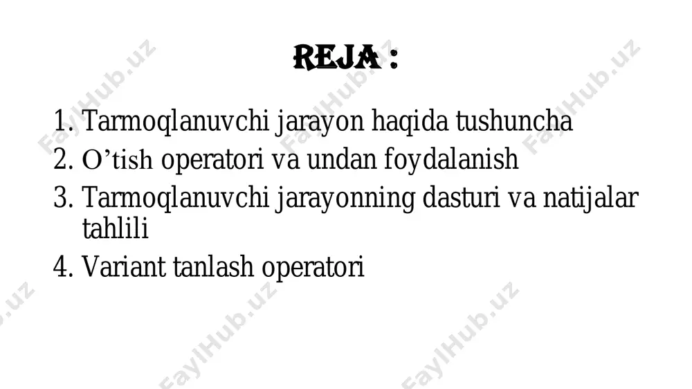 default: break; } 3-misol: klaviatura yordamida kiritilgan sonni 5ga bo’lib, qoldiqni o’qib beruvchi dastur yarating. #include #include using namespace std; int main() { int a,b; cout >a; b=a%5; switch (b) { case 1: cout <<"qoldiq bir"; break; case 2: cout <<"qoldiq ikki"; break; case 3: cout <<"qoldiq uch"; break; case 4: cout <<"qoldiq to'rt"; break; default: cout <<"qoldiq yo'q"; break; } cout<<endl; return 0; } e’tiboringiz uchun raxmat