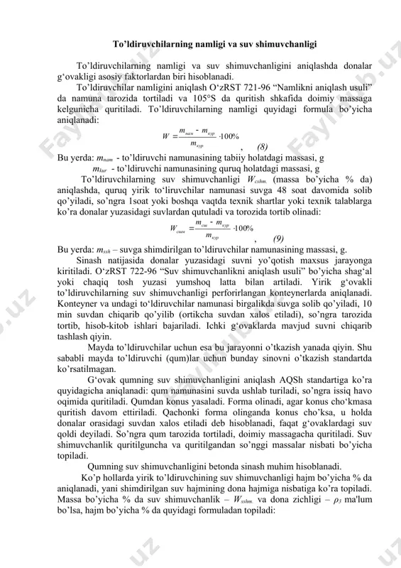 , (7) agar (7) formuladagi ρ3 o’rniga sement qorishmasidagi donalar zichligini qo’ysak, u holda barcha g‘ovaklik emas, balki uning qismi aniqlanadi, yani betonda sement qorishmasi to’ldirmaydigon g‘ovaklik aniqlanadi. umumiy g‘ovaklikdan kelib chiqib ochiq g‘ovaklarni aniqlaymiz va natijada beton to’ldiruvchilarining ochiq g‘ovaklarini to’ldirish uchun sarflanadigan qo’shimcha sement qorishmasi hajmi aniqlanadi. to’ldiruvchilarning namligi va suv shimuvchanligi to’ldiruvchilarning namligi va suv shimuvchanligini aniqlashda donalar g‘ovakligi asosiy faktorlardan biri hisoblanadi. to’ldiruvchilar namligini aniqlash o‘zrst 721-96 “namlikni aniqlash usuli” da namuna tarozida tortiladi va 105°s da quritish shkafida doimiy massaga kelgunicha quritiladi. to’ldiruvchilarning namligi quyidagi formula bo’yicha aniqlanadi: , (8) bu yerda: mnam - to’ldiruvchi namunasining tabiiy holatdagi massasi, g mkur - to’ldiruvchi namunasining quruq holatdagi massasi, g to’ldiruvchilarning suv shimuvchanligi wcshm. (massa bo’yicha % da) aniqlashda, quruq yirik to‘liruvchilar namunasi suvga 48 soat davomida solib qo’yiladi, so’ngra 1soat yoki boshqa vaqtda texnik shartlar yoki texnik talablarga ko’ra donalar yuzasidagi suvlardan qutuladi va torozida tortib …