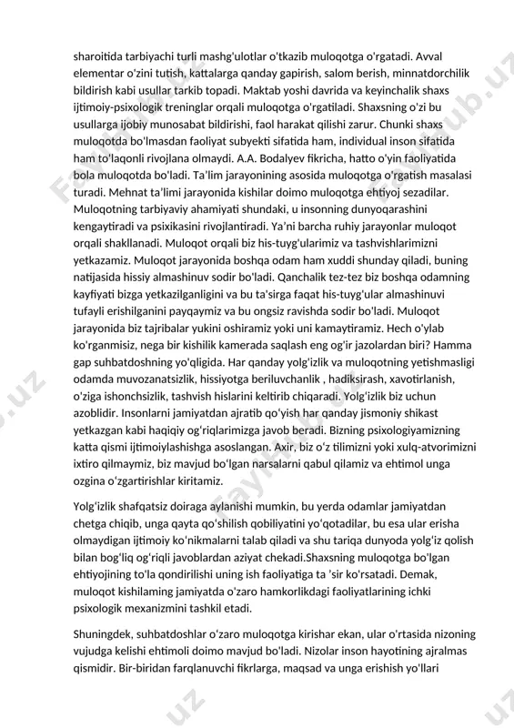 h, jinsi, kasbi, dunyoqarashini hisobga olgan holda ish olib borish lozim. masalan, biz kichik yoshdagi bolalarga kattalarga nisbatan qo'llaydigan so'zlarni ishlatmaymiz. har bir davrga kiradigan kishilarga o'ziga xos so'z qo'llaymiz. bunda so'zning ta'sir kuchi hisobga olinadi. shaxsning temperamenti(mijoz) xususiyatlariga qarab muloqot usullarini qo'llash katta ahamiyatga ega. shaxsda ko'nikma, bilim, malakalarning hosil bo'lishida muloqotning o'rni beqiyos. oddiy ko'nikmalar (to'g'ri o'tir,qo'lingni yuv, joyingga bor, salom ber) ham muloqot orqali singdiriladi. kattalar muloqotida ko'pincha muloqot madaniyati amalga oshiriladi, ya’ni bir-birlarini hurmat qilish, ishonish, anglash kabilar. ammo ba’zi paytlarda muloqot buzilishi ham mumkin. chunki ular ham ayrim paytlarda bir-birlarini tushunmasdan xafa qilib qo'yishlari, ko'ngilga og'ir botadigan gaplar aytib yuborishlari, natijada nizolarni keltirib chiqarishlari mumkin. agar muloqot madaniyati kishilarda yaxshi shakllangan bo'lsa, ular bir-birlarini tushunishlari oson kechadi. muloqot madaniyati yoshlikdan oilada, ijtimoiy muhit ta’sirida, o'z-o'zini anglash, tarbiyalash jarayonida shakllanishi mumkin. biz kattalar yoshlarga nam'una, ibrat bo'lishimiz bir-birimizga bo'lgan muloqotimizdan kelib chiqadi. «oltin so'zlar» (azizim, aylanay, …