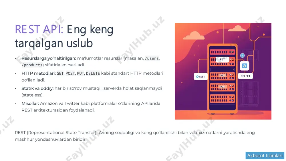 i va huquqlarini boshqarish (oauth, api kalitlari). • keshlash: ma'lumotlarni tezkor yetkazib berish uchun keshlash mexanizmlaridan foydalanish. • so‘rovlarni optimallashtirish: tarmoq yukini kamaytirish va api tezligini oshirish. xavfsizlik va samaradorlik apining ishonchliligi va muvaffaqiyati uchun hal qiluvchi ahamiyatga ega. axborot tizimlari xulosa: api dizayni – muvaffaqiyat kaliti api’lar api’lar zamonaviy dasturiy ta’minotning yuragi. turlar rest, graphql va grpc har biri o‘z vazifasiga mos yechimlardir. yaxshi dizayn yaxshi dizayn – tezkor, xavfsiz va oson integratsiya qilinadigan api yaratadi. sifatli interfeyslar api dizayn prinsiplari bilan tanishib, sifatli va samarali interfeyslar yarating! kelajakdagi loyihalaringizda api dizayniga e'tibor qaratish orqali muvaffaqiyatga erishing. axborot tizimlari