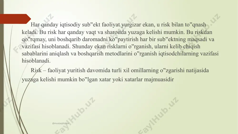, u jalb qilgan resurlar bahosi oshib boradi va bank majburiyatlarini qoplash uchun o'z kapitalidan foydalanib to'lashiga to'g'ri keladi. bu esa bank uchun ijobiy natija bo‟lmay, aksincha uning bankrotlik holatiga olib keluvchi faktor hisoblanadi @mustaqilishlar tijorat banklari faoliyatida uning aktivlari va ular bilan bog’liq aktiv operatsiyalarning risklilik darajasini aniqlash bu jaayonini boshqarib borish muhim o’rin tutadi. bank aktivlari – bu bankka tegishli hamda moddiy qiymatga ega bo‟lgan qiymatliklar: naqd pul mablag‟lari, qarzga berilgan mablag‟lar, binolar va asbob-uskunalardan tashkil topadi. bank aktivlari tarkibi deyilganda, balans yakuniga nisbatan har xil sifatdagi aktivlar salmog’i tushuniladi. tijorat banklari aktivlarini asosan 4 kategoriyaga bo‟lib o’rganish mumkin: kassadagi pul mablag’lari va ularga tenglashtirilgan mablag’lar; investitsiya va qimmatli qog’ozlar; ssudalar; binolar va asbob uskunalar. @mustaqilishlar xuolsa: banklarning risklari va ularni minimallashtirish, kam zarar va maksimal daromadga erishish uchun amalga oshiradigan faoliyat turlari va jarayonlarini o‟rgainish va yangicha takommillashgan, o‟zbekiston sharoiti uchun javob beradigan metodlarni ishlab chiqishda o’ziga …