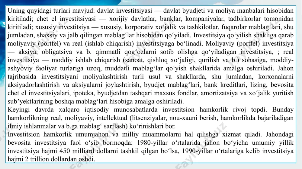 лкчиликнинг ҳар хил кўринишларидаги моддий, молиявий ва номоддий бойликларни иқтисодий – ижтимоий даромад олиш мақсадида муомалага киритишдир. инвестицияларнинг мўлжалланган объектига кўра турлари капитал инвестициялар молиявий инвестициялар ижтимоий инвестициялар асосий фондларни яратиш ва такрор кўпайтиришга, шу жумладан янги қурилишга, модернизация қилишга, реконструкция қилишга, техник жиҳатдан қайта жиҳозлашга, шунингдек моддий ишлаб чиқаришнинг бошқа шаклларини ривожлантиришга киритиладиган инвестициялар капитал инвестициялар жумласига киради. акциялар, корпоратив, инфратузилмавий ва давлат облигацияларига, шунингдек қимматли қоғозларнинг бошқа турларига киритиладиган инвестициялар молиявий инвестициялар жумласига киради инсон салоҳиятини, кўникмаларини ва ишлаб чиқариш тажрибасини ривожлантиришга, шунингдек номоддий бойликларнинг бошқа шаклларини ривожлантиришга киритиладиган инвестициялар ижтимоий инвестициялар жумласига киради. инвестицияларни амалга ошириш шакллари қуйидагилардан иборат концессияларни олиш, шу жумладан табиий ресурсларни қидириш, ўзлаштириш, қазиб олиш ёки улардан фойдаланишга доир концессияларни олиш, шунингдек маҳсулот тақсимотига оид битимларда иштирок этиш ўзбекистон республикаси резидентлари томонидан эмиссия қилинган қимматли қоғозларни, жумладан қарз мажбуриятларини олиш ер участкаларига эгалик қилиш ва улардан фойдаланиш (шу жумладан ижара асосида эгалик қилиш …