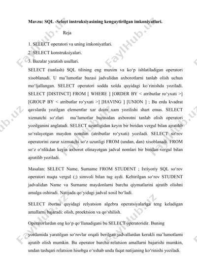 sql - select instruksiyasining kengaytirilgan imkoniyatlari — DOCX