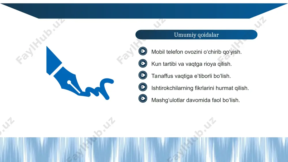 ay bartaraf etdik? o‘quvchilar yaxshi ko‘radigan narsalarning ehtimoliy ro‘xati t taqdim etildi o‘quvchilar uchun tanlov imkoniyatlari yaratildi chap qo‘l bilan yozadiganlar uchun mo‘ljallangan partalar va boshqa ish joylari qo‘shildi; “do‘ppi” nima ekanini bilmaydiganlar uchun bilim olish usullari kiritildi metaforalar yaratishning bir nechta usullari o‘qitiladi kirish so‘zlar, birikmalar va gaplar taqdim etildi * har bir o‘quvchiga dars mazmuni yetib borishi uchun turli va qulay usullardan foydalanish kerak * insoniy xilma-xillikni inobatga olib rejalashtirish dars “o‘rtacha” o‘quvchi uchun rejalashtirilsa, qolgan barcha o‘quvchilar qolib ketadi feruza miyaning asosiy uchta tarmog‘i jalb etish tarmog‘i taqdim etish tarmog‘i faoliyat va ifoda etish tarmog‘i miyaning “nima uchun” o‘rganaman degan savolga javob beradigan tizimi miyaning “nimani” o‘rganaman degan savolga javob beradigan tizimi miyaning “qanday qilib” o‘rganaman degan savolga javob beradigan tizimi ko‘p sonli o‘zaro jalb etish vositalari: o‘rganish uchun ishtiyoq (motivatsiya), o‘quvchilarning o‘rganishda ishtirok etishi va qiyinchiliklarni boshdan kechirishi ko‘p sonli tasvir vositalari: ko‘rish, eshitish, o‘qish, usullarni …