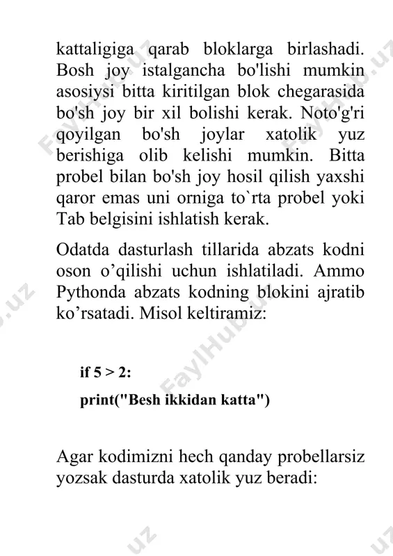 natija bermaydi. quyidagi holatda salom dunyo jumlasi ekranga chiqmaydi: # print ("salom dunyo") print ("dasturlashni o'rganamiz") izohlar dastur kodini o'qiyotganlar uchun foydali bo'ladi va dastur nima qilishini oson tushunishga yordam beradi. unga yechimdagi muhim joylarni, muhim bo'lgan qismlarni yozish mumkin. ko’p qatorli izohlar python ko’p qatorli izohlar hosil qilish uchun alohida belgiga ega emas . shuning uchun har bir qator uchun alohida # belgisi ishlatiladi. ammo 3 talik qo’shtirnoq ichiga yozilgan matnni o’zgaruvchiga biriktirilmasa ko’p qatorli izoh sifatida ishlatish mumkin: # print ("salom dunyo") print ("dasturlashni o'rganamiz") izohlar dastur kodini o'qiyotganlar uchun foydali bo'ladi va dastur nima qilishini oson tushunishga yordam beradi. unga yechimdagi muhim joylarni, muhim bo'lgan qismlarni yozish mumkin. ko’p qatorli izohlar python ko’p qatorli izohlar hosil qilish uchun alohida belgiga ega emas . shuning uchun har bir qator uchun alohida # belgisi ishlatiladi. ammo 3 talik qo’shtirnoq ichiga yozilgan matnni o’zgaruvchiga biriktirilmasa ko’p qatorli izoh sifatida ishlatish …