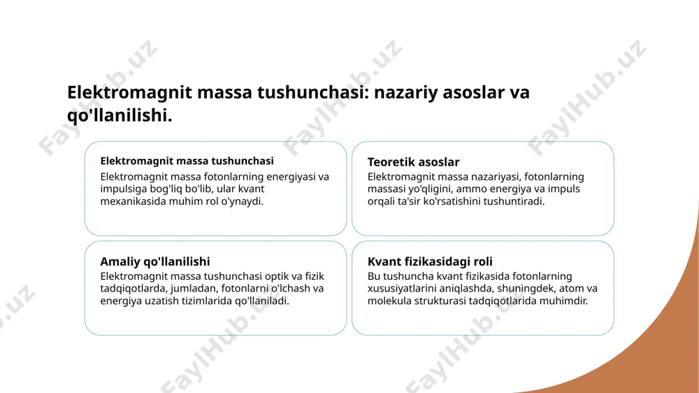 agi massadan farq qiladi va kvant fizikasida muhim rol o'ynaydi. 2 o'lchov usullari fotonlarning elektromagnit massasini o'lchash uchun eksperimentlar, masalan, qattiq jismlarga ta'sirini o'lchash va interferensiya texnikalaridan foydalaniladi. 3 eksperimental natijalar o'lchov natijalari, fotonlarning massasi juda kichik ekanligini ko'rsatadi, lekin u hali ham energiya va impuls bilan bog'liq muhim xususiyatdir. fotonlarning fizik xususiyatlari va ularning energiya bilan bog‘liqligi. 01 fotonlarning tabiati fotonlar elektromagnit to'lqinlarning kvantlari bo'lib, ular massasizdir. ularning tezligi doimo vakuumda 299,792 km/s ga teng. 02 energiya va impuls fotonlarning energiyasi va impulsini e=hf va p=e/c formulalari orqali hisoblash mumkin. bu yerda h plankning doimiysi, f esa chastota. 03 fotonlar va qutblanish fotonlar polarizatsiyalangan bo'lishi mumkin, ya'ni ularning tezlanuvchi maydonlari ma'lum yo'nalishda joylashgan. bu xususiyatlar optik ilovalarda muhimdir. impuls va massani aniqlash: fotonlar orqali olingan ma'lumotlar. 1 impuls va massasi fotonlarning impuls va massasi energiya orqali bog'liq. fotonlarning impuls momenti, ularning tezligi va energiyasiga asoslangan holda aniqlanadi. 2 o'lchash …
