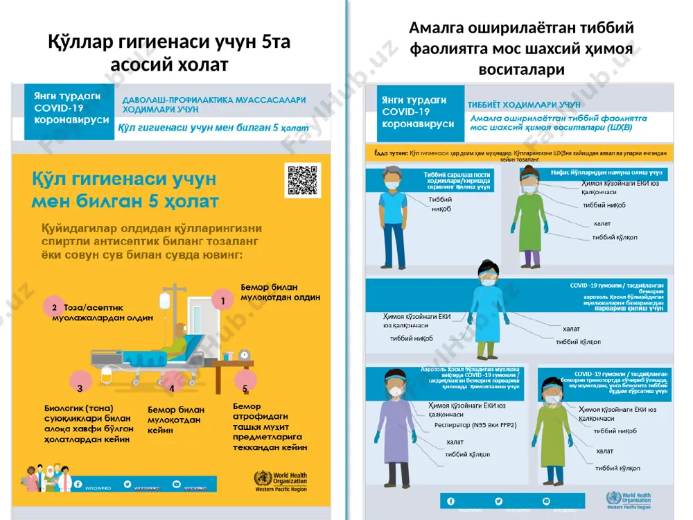 ириш кафедраси катта ўқитувчиси цой е.с., жсстнинг ўзбекистондаги ваколатхонаси ходими аниёзова д.ж., жсст консультанти презентацияда қуйидаги манбалардан фойдаланилди: covid-19 бўйича миллий қўлланма, ссв ва жсст комплект материалов по информированию о рисках covid-19 для лечебно-профилактических учреждений, воз. обновлено 10 марта 2020 г. практические аспекты организации ведения случаев covid-19 в лечебных учреждениях и на дому. временные рекомендации воз от 19 марта 2020 г. профилактика инфекций и инфекционный контроль при оказании медицинской помощи пациентам с подозрением на новую коронавирусную инфекцию (ncov), временные рекомендации воз от 25 января 2020 г. image1.png image2.jpeg image3.png image4.png image5.png image6.png image7.png image8.png image9.png image10.png image11.png image12.jpeg image13.png image14.png image15.jpeg image16.png image17.png image18.png image19.png image20.png image21.png image22.png image23.png image24.png image25.png image26.png /docprops/thumbnail.jpeg
