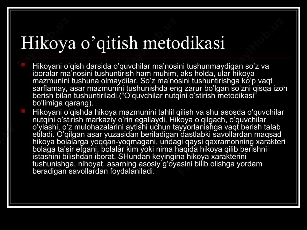 berish, o’quvchilarning o’zlari savol tuzib, javob berishlari, so’z bilan grafik rasm chizish, plan tuzish, qayta hikoyalash, ertak aytish kabi ish turlaridan foydalaniladi. bu ertaklarda hayvonlarning odatlari tahlil qilinadi, ammo ularni kishilar xarakteriga taqqoslash tavsiya qilinmaydi. maktab tajribasidan ma’lumki, kichik yoshdagi o’quvchilar ertakdagi hayvonlar gapirmasligini, tulki va turna bir-biriga mehmonga bormasligini yaxshi biladilar, ammo ertaklar dunyosini hayotiy hikoya kabi qabul qiladilar. ertakni o’qib, tahlil qilganda, barcha ishlar uning mazmunini yaxshi idrok etishga, sjyuet rivojini qatnashuvchi personajlarning xatti-harakati, o’zaro munosabatlarini to’g’ri tasavvur etishga yo’naltiriladi. ertak ustida ishlashning oxirgi bosqichida “ertakda sizga juda yoqqan joyini o’qing, nima uchun yoqqanini ayting. hayotingizda mana shu ertakdagiga o’xshash voqealar bo’lganmi?” kabi savol-topshiriqlar yordamida o’quvchilarning ertak xulosasini tushunishlariga erishiladi. ertak o’quvchilar uchun ertakligicha qolishi va bolalar hayotidagi hodisalarga avtordek yondoshishga o’rganishlari uchun shuning o’zi kifoya. ertak o’qish metodikasi. boshlang’ich sinf o’quvchilari hayvonlar haqidagi ertaklardan tashqari, “davlat”, “tuz haqi”, “ovchi, ko’kcha va dono”, “ilm afzal” kabi ertaklarni ham …