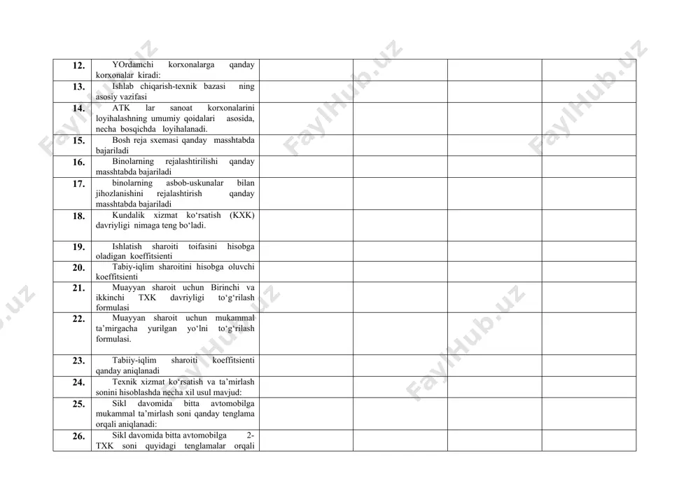 bilga 2-txk soni quyidagi tenglamalar orqali aniqlanadi: 27. sikl davomida bitta avtomobilga ktxk soni quyidagi tenglamalar orqali aniqlanadi: 28. avtomobilning yillik yurgan yo‘li qaysi tenglama orqali aniqlanadi 29. butun saroy uchun yillik mt bo‘yicha ishlab chiqarish dasturi qandfy aniqlanadi: 30. butun saroy uchun yillik txk-1 bo‘yicha ishlab chiqarish dasturi qandfy aniqlanadi