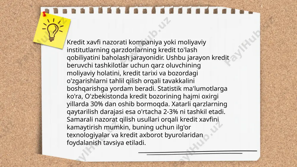 larga muvofiqlikni ta'minlash bo‘yicha samarali dasturlarga ega bo‘lganini ma'lum qilgan. shu bilan birga, rivojlanayotgan texnologiyalar, xususan sun'iy intellekt, qonunlarga muvofiqlik jarayonlarini avtomatlashtirish imkoniyatini oshirmoqda. bu usul kompaniyalarga tezroq va aniqroq muvofiqlikni ta'minlashga yordam beradi. ... t.me/slaydai_bot firibgarlikni aniqlash strategiyalari turli xil usullardan iborat bo'lib, yirik korporatsiyalar va moliya institutlari uchun muhimdir. birinchi strategiya statistik tahlildir; bu usulda firibgarlikni bashorat qilish uchun o'tmishdagi ma'lumotlar o'rganiladi. ikkinchisi — mashinani o'rganish algoritmlari, jumladan, oʻzgaruvchan anomaliyalarni aniqlash. uchinchi strategiya — aniq qoida bazalari, ya'ni firibgarlik xavfini bilgilash uchun turli mezonlar asosida ishlaydi. toʻrtinchi yondashuv real vaqt rejimida monitoring qilish bo'lib, tranzaktsiyalarni darhol tekshiradi. oxirgisi esa xavfni tahlil qiluvchi dasturiy vositalardan foydalanib, xodimlarni muntazam o'quv-amaliyot yig'inlariga jalb etish hisoblanadi. ... t.me/slaydai_bot 10. likvidlik boshqaruvi likvidlik boshqaruvi kompaniya yoki bankning qisqa muddatli majburiyatlarni bajarishi uchun zarur bo'lgan naqd pul va boshqa likvid aktivlarni boshqarish jarayonidir. ushbu boshqaruv tizimi kompaniyaning kunlik naqd pulsiz turib qolmasligini, to'lov majburiyatlarini …