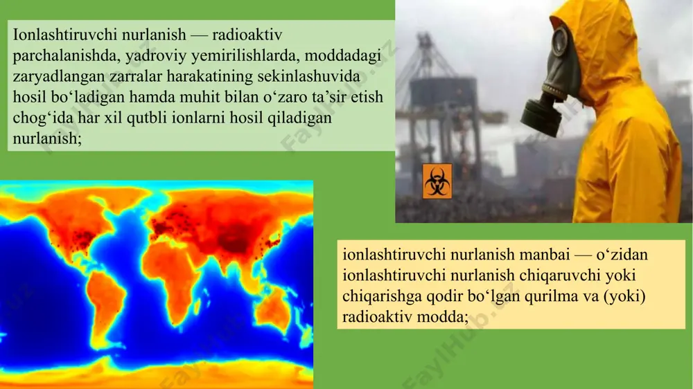 rrachalar oqimlari bo‘lib, nurlanishi energiyasiga qarab, yorug‘lik tezligiga yaqin tezlikda (300000 km/s) tarqaladi. ularning zaryadlari al’fa zarrachalar zaryadlaridan kichik bo‘lganligidan ularning ionlash qobilyati o‘tish qobilyatida past. yuqori energiyali beta-zarrachalarning havoda tarqalishi 20 m bo‘lsa, suv va tirik organizm to‘qimalarida tarqalish tezligi esa 3 sm, temirda esa 1 sm gacha boradi. • beta-zarrachalari derazalar yoki avtomobil oynalari, qalinligi bir qancha mm metall ekranlaridan ham yutiladi. • kiyim-bosh 50% betta-zarrachalaridan himoya qiladi. beta – nurlanishlar bilan tashqi nurlanganda tananing 1 mm ichiga 20-25% nur kirib boradi. shuning uchun ham tanaga bevosita radioaktiv moddalar tushib qolganda jiddiy xavf tug‘diradi. neytron- nurlanishlar. neytron- nurlanishlar neytronlar oqilimidan iborat bo‘lib, ularning tarqalish tezligi 20000 km/s ni tashkil etadi. neytronlar elektron aryadiga ega bo‘lmaganligidan atomlar yadrolariga osonlik bilan kiradilar. yadro portlashlardaqisqa muddat ichida katta neytronlar ajralib chiqadi. unda xujayra yadrolariga tez kira olganliklaridan tashqi nurlanish odam or ganizmiga kuchli shkastlovchi ta’sir ko‘rsatadi. neytron- nurlanishlardan ximoyalash. ulardan ximoyalanishning …
