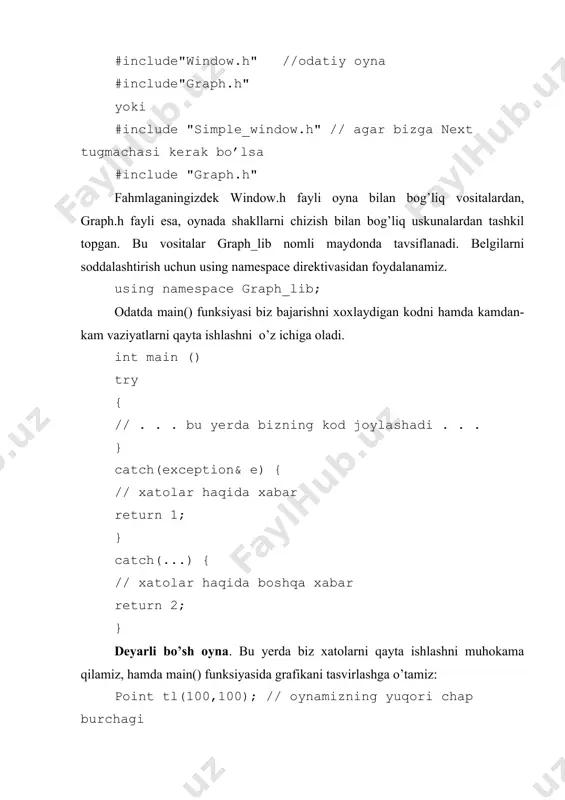 ng kod joylashadi . . . } catch(exception& e) { // xatolar haqida xabar return 1; } catch(...) { // xatolar haqida boshqa xabar return 2; } deyarli bo’sh oyna. bu yerda biz xatolarni qayta ishlashni muhokama qilamiz, hamda main() funksiyasida grafikani tasvirlashga o’tamiz: point tl(100,100); // oynamizning yuqori chap burchagi simple_window win(tl,600,400,"canvas"); // tl oyna koordinatalari chap yuqori burchakka joy beradi // 600*400 oyna o’lchami // sarlavha: canvas win.wait_for_button(); // tasvirlash! ekranda oyna chiqishi uchun, biz tizim boshqaruvini grafik foydalanuvchi interfeysiga beramiz. buning uchun win.wait_for_button() funksiyasidan foydalanamiz. natija quyidagi rasmda keltirilgan. bizning vazifamiz – ekranga chiqarish uchun obyektlarni yaratish mumkin bo’lgan, sinflarni aniqlash. masalan, siniq chiziq ko’rinishida grafik chizishimiz mumkin. quyida bu vazifani bajarish uchun katta bo’lmagan dastur keltirilgan: #include "simple_window.h" // oyna kutubxonasiga kirishni ochadi #include "graph.h" // garfik kutubxonaga kirishni ochadi int main() { using namespace graph_lib; // bizning grafik vositalarimiz // bo’shliqda joylashgan // graph_lib nomi …