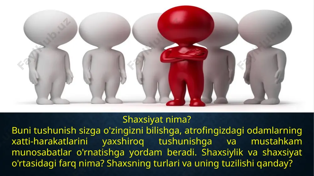 rqali aks ettiriladi. katta yoshdagi ruhiy sog’lom (esi-hushi joyida) odamlar ham, chaqaloq ham, nutqi yo’q, oddiy malakalarni o’zlashtira olmaydigan aqli zaiflar ham individlar deb ataladi. shaxsning faolligi faollik - jamiyat bilan doimiy munosabatni ushlab turuvchi o’z-o’zini anglab, har bir harakatini muvifiqlashtiruvchi shaxsga xos bo’lgan eng muhum va umumiy xususiyatdir shaxsning indevidual xususiyatlari uning qobiliyatlari e’motsiyalari xulkiga xos motivatsiya ijtimoiy utsonovkalari temperamenti xarakter irodaviy sifatlari anatomik fiziologik (jismoniy) psixologik shaxsning yosh xususiyatlari (muayyan bir yosh davrda) shasning ijtimoiylashuvi shaxs ijtimoiy munosabatlar jarayoning maxsulidir shaxs jamiyatda yashashi bilan birga ijtimoiylashuvning murakkab munosabatlariga kirib boradi qadriyat ma’lum ijtimoiy tajribaga erishadi bilim axloqiy-qoida shaxs rivojlanishining muhim xususiyatlari shaxs rivojlanishi individning fiziologik, ruhiy va intelektual o’sishini ta’minlovchi jatayon faoliyat xatti-harakatning miqdori xatti-harakatning sifati shaxs sifatida ta’sir etuvchi omillar jamiyat shaxs faolligi shaxsiy xarakterdagi faolligi ijtimoiy xarakterdagi faollik inson shaxsini tasdiq qilish psixoginetik bioxeveristik biogenetik kognitiv psixoanalitik sotsoginetik faoliyat va motivatsiya mashg‘ulotning maqsadi: talabalarga faoliyat haqida …