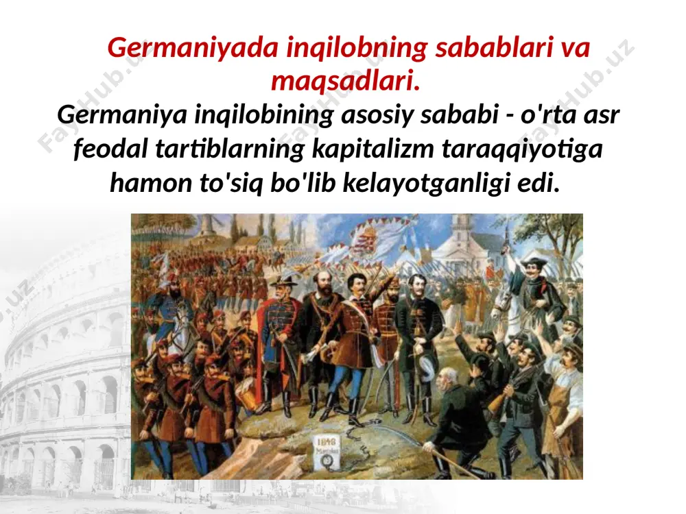 viktor emmanuil ii 1870- yilda esa fransiya ta'sirida bo'lgan rim shahri ham italiya qirolligiga qo'shib olindi. shu tariqa italiyani yagona davlatga birlashtirish yakunlandi. germaniyaning birlashuvi. u 1864- yildan boshlab germaniyani yagona davlatga birlashtirishdek tarixiy ishga rahbarlik qildi. 1866- yilda bosh vazir otto fon bismark rahbarligi ostida 22 nemis davlati prussiya bilan «shimoliy germaniya ittifoqi»ni tuzish haqida shartnoma imzoladilar. otto fon bismark 1870-1871- yillardagi fransiya - prussiya urushida fransiyaning mag'lubiyatga uchrashi germaniyani birlashtirish yo'lidagi so'nggi to'siqni ham olib tashladi. 1870-1871- yillardagi fransiya - prussiya urushi savol va topshiriqlar 1. germaniyadagi inqilobning sabablari va asosiy masalasi haqida nimalarni bilib oldingiz? 2. italiya inqilobi asosiy masalasining qaysi xususiyati germaniya inqilobining asosiy masalasidan farq qilgan? 3. birlashgan italiya qirolligi qay tariqa tashkil etildi? 4. germaniyani yagona davlatga birlashtirishda prussiya bosh vaziri bismarkning tarixiy rolini qayd eting. image2.jpg image3.jpeg image4.jpeg image5.jpeg image6.jpeg image7.png image8.png image9.jpeg image10.jpg image11.png image12.jpeg image13.jpeg image14.jpeg image15.jpeg image1.jpeg