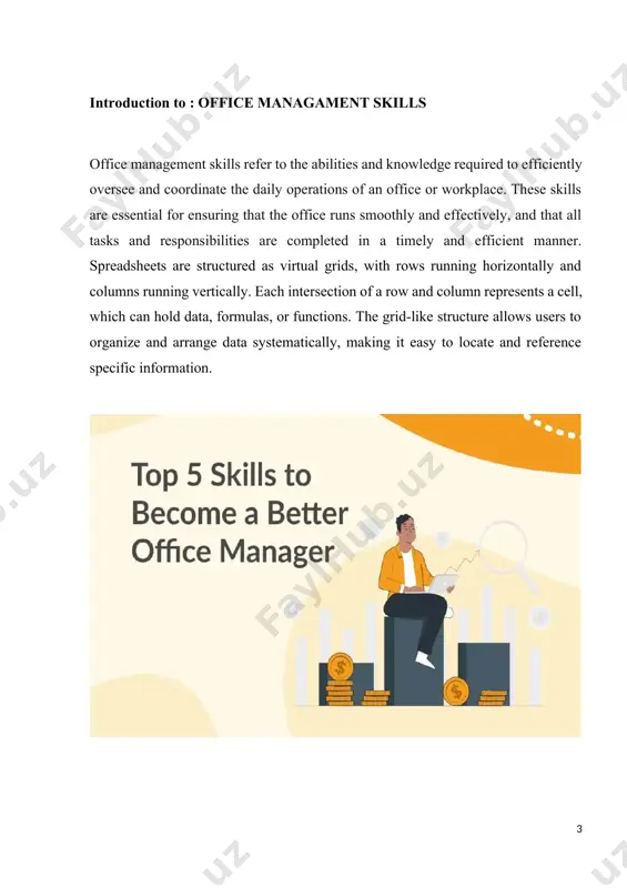 d achieve greater productivity and success in both professional and personal endeavors. communication skills communication skills are fundamental to effective office management. they involve the ability to convey information clearly, listen actively, and interact effectively with colleagues, clients, and other stakeholders. here's more information on communication skills: verbal communication: this involves speaking clearly, confidently, and articulately. it's essential for conveying instructions, discussing ideas, and presenting information in meetings or presentations. nonverbal communication: nonverbal cues such as facial expressions, body language, and gestures can significantly impact communication. being aware of and effectively using nonverbal cues can enhance understanding and rapport with others. listening skills: active listening involves fully concentrating, understanding, responding, and remembering what is being said. it's crucial for building rapport, resolving conflicts, and fostering effective teamwork. written communication: clear and concise written communication is vital for exchanging information through emails, memos, reports, and other written documents. it's essential to …