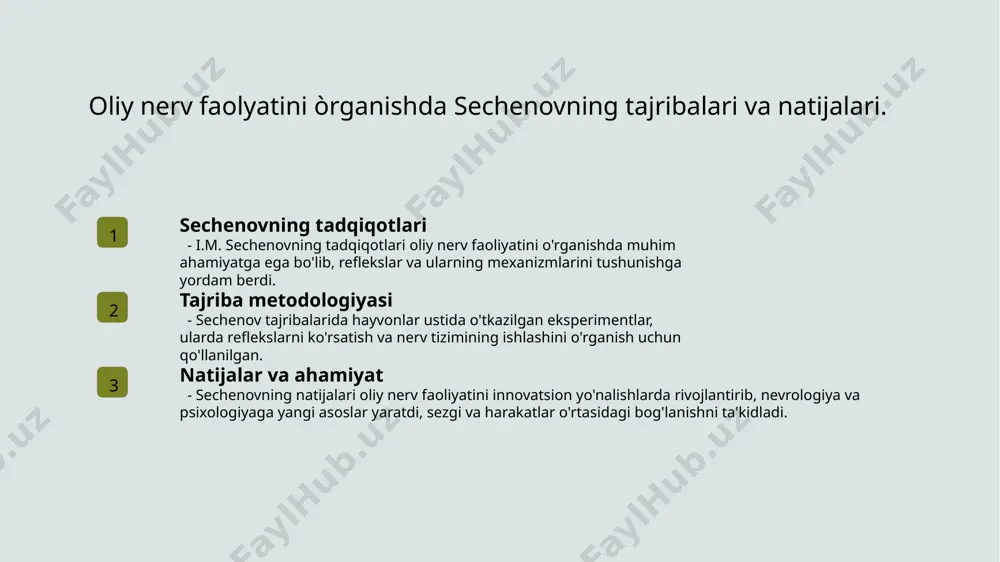 yo'nalishlar ochdi. uning ishlari, ko'plab yangi tadqiqotlarni ilhomlantirdi. reflekslarning tuzilishi va ularning funktsional roli. 1 reflekslarning tuzilishi - reflekslar, nerv tizimining asosiy elementlari bo'lib, receptorlar, nerv tolalari va effectorlardan iborat. ular bir-biri bilan bog'lanib, tezkor javoblarni ta'minlaydi. 2 funktsional roli - reflekslarning funktsional roli, organizmni tashqi ta'sirlardan himoya qilishda muhimdir. ular tezkor va avtomatik javoblar orqali hayotiy faoliyatni qo'llab-quvvatlaydi. 3 nerv tizimidagi o'zaro ta'sir - reflekslar nerv tizimida o'zaro ta'sirlarni yaratadi, bu esa muvozanatni saqlash va moslashuvchanlikni ta'minlash imkonini beradi. harakatlar bir-biriga bog'langan. 4 refleks mexanizmlari - refleks mexanizmlari, nerv impulslarining uzatilishi orqali ishlaydi. bu mexanizmlar, qabul qilingan signalga javob sifatida avtomatik harakatlarni yaratadi. nerv tizimidagi reflekslar: tuzilishi va ishlashi. 1 refleks tizimi nerv tizimidagi reflekslar, nerv hujayralari va ularning bog'lanishlari orqali hosil bo'lib, muhim takliflar va javoblarni boshqaradi. 2 tuzilishi refleks tizimining tuzilishi, sezgi va harakat nerv hujayralarining birikmasidan iborat bo'lib, refleks arc (nerv arc) deb ataladi. 3 ishlash …