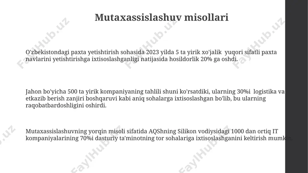 mamlakatlarda, masalan, o'zbekistonda, 20% ga yaqin ishchilarning o'z sohasiga mos kelmaydigan lavozimlarda ishlashga majbur bo'lishiga olib kelishi mumkin. mutaxassislashuv va innovatsiyalar samarqanddagi "innovatsion texnologiyalar" markazi 10 dan ortiq yangi texnologiyalarni ishlab chiqish bo'yicha mutaxassislarni o'qitmoqda, bu esa mamlakatning innovatsion salohiyatini oshirishga xizmat qiladi. mutaxassislashuvning 2023-yilgi ma'lumotlariga ko'ra, o'zbekistonning it sektorida 5000 dan ortiq mutaxassis faoliyat yuritmoqda va bu innovatsiyalar sonining o'sishiga sezilarli hissa qo'shmoqda. qarshi shahridagi paxta tozalash zavodida mutaxassislarning samarali ishlashi natijasida 20% ga yaqin energiya tejalishi va chiqindi miqdorining 15% ga kamayishi kuzatildi, bu esa innovatsion yondashuvning iqtisodiy foydasini namoyish etadi. mutaxassislashuv va raqobat mutaxassislashuv 2023-yilda jahon banki ma'lumotlariga ko'ra, o'zbekistonning 5 ta yirik shaharlarida 10% ga yaqin ish o'rinlari yuqori malakali mutaxassislarga bog'liq bo'lib, bu raqobatbardoshlikni oshirdi. soha bo'yicha mutaxassislashuv darajasi qishloq xo'jaligida 30%, it sohasida esa 70% ni tashkil etib, raqobat darajasini turli mintaqalarda farq qiladi. mutaxassislashgan ishchi kuchining o'rtacha ish haqi toshkentda 2022-yil ma'lumotlariga ko'ra, …