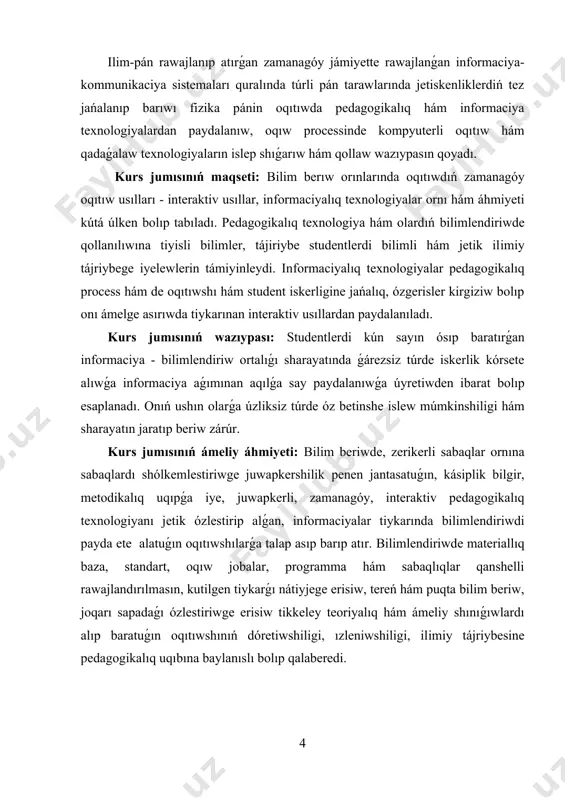 aylanısta bolatuǵın apparat hám programmalıq qurallardıń toplamı. 3-súwret multimedialı prezentaciya – bul tekstli maǵlıwmatlar, súwretler, slaydshou, dawıs penen bayıtılǵan programmalıq támiynat bolıwı múmkin. 4-súwret multimedia ónimi – quramına qosıq, videoklipler, animaciya, kartinalar hám slaydlar galeriyası, turli maǵlıwmatlar bazaları kiriwi múmkin bolǵan interaktiv, kompyuterde islengen ónim. 5-súwret informaciya texnologiyaları maǵlıwmatlardı basqarıw hám qayta islew texnologiyaları. ádette bul atama astında kompyuter texnologiyaları túsiniledi. informaciya texnologiyaları tarawında turli informaciyanı eem hám kompyuter tarmaqları arqalı jiynaw, saqlaw, qorǵaw, qayta islew, uzatıw sıyaqlı ámeller ustinde isler alıp barıladı. informaciya texnologiyası tiykarǵı texnikalıq quralları sıpatında esaplaw- quramlıq texnikadan tısqarı baylanıs quralları – telefon, teletayp, telefaks hám basqalar qollanıladı. informaciya texnologiyası insaniyat rawajlanıwınıń túrli basqıshlarında da bar bolǵan bolsa da, házirgi zaman informaciyalasqan jámiyettiń ózine mas qásiyeti sonda, sivilizaciya táriyxında birinshi márte bilimlerge erisiw hám islep shıǵarıwǵa sarıplanatuǵın kúsh energiya, materiallar hám ekonomikalıq tutınıw buyımlarına sarıplanatuǵın qarjılardan ustinlik qılmaqta, yaǵniy informaciya texnologiyaları bar jańa texnologiyalar arasında jetekshi …