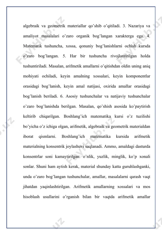 lanishni ifodalash uchun matematikada simvollar ishlatiladi. mana shu matematik til rivojlanishi kerak. o’qituvchining vazifasi simvolik tilda ifodalangan matematik fikrni ona tiliga ko’chirishga o’rgatishdan iborat bo’lmog’i kerak. bilishga intilish, mustaqil ishdan qanoat hosil qilish tuyg’ularini tarbiyalashi kerak. matematika fanini o’qitishning o’zi o’quvchilarda diqqat va fikrni to’play bilishni tarbiyalaydi. o’qituvchi quyidagilarni ta’minlashi kerak: a) o’quvchi moddiy olamdagi bog’lanishlarni, miqdorlarning o’zgarishini, birbiri bilan aloqasini anglay olishi; b) o’quvchilarning matematikani o’rganishga astoydil qiziqishini ta’minlash; d) mehnatga, vatanga insonlarga bo’lgan munosabatini tarbiyalash, estetik did hosil qilish; g) o’zbek millatining tarixi, jumladan, matematika o’qitilishi tarixiga bo’lgan dunyoqarashni tarbiyalash; d) o’quvchilarning fikrlash qobiliyatini va matematik madaniyatini tarbiyalash; 3. amaliy maqsad. matematika o’qitishdan kuzatilgan amaliy maqsad – o’quvchilar olgan bilimlarni, amalda qo’llay olishga o’rgatishdan iborat. olingan bilimlarni sonlar va matematik ifodalar, nuqtalar ustida bajariladigan amallarga tatbiq qila bilish, har xil masalalarni yechishda foydalana bilishga o’rgatish. bu bilimlarni kundalik hayotda uchraydigan masalalarni hal qilishga qo’llay bilishga o’rgatishdir. o’qitish metodi …