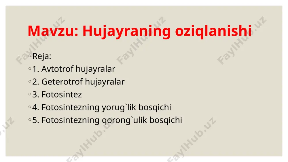 : 1 – masala: glikoliz natijasida hosil bo`lgan 2 molekula sut kislota mitoxondriyalarda kislorod ta`sirida parchalanganda 36 molekula atf hosil bo`ladi 2 c3h6o3 + 6 o2 +36adf + 36h3po4 = 6 co2 + 36 atf + 42 h2o + 2600 kj 1 atf 40 kj energiya to`playdi 36 x 40 = 1440 kj enegiya atf da to`planadi masalalarning ishlanish usullari: 2 – masala: jami 10 mol glukoza bo`lib shundan 3 moli to`liq parchalansa 1 molda ----- 38 ta atf 3 molda ------ x x = 114 ta atf 7 mol glukoza chala parchalangan 1 molda ----- 2 atf 7 molda ----- x x = 14 atf jami: 114 + 14 = 128 atf 3 – masala: glukoza sintezlanish reaksiyasi quyidagicha 6 co2 + 18 atf + 12 organik birikma h2 = c6h12o6 + 6 h2o + 18 adf + 18 h3po4 + organic birikma 180 g ----- 18 atf 660 …