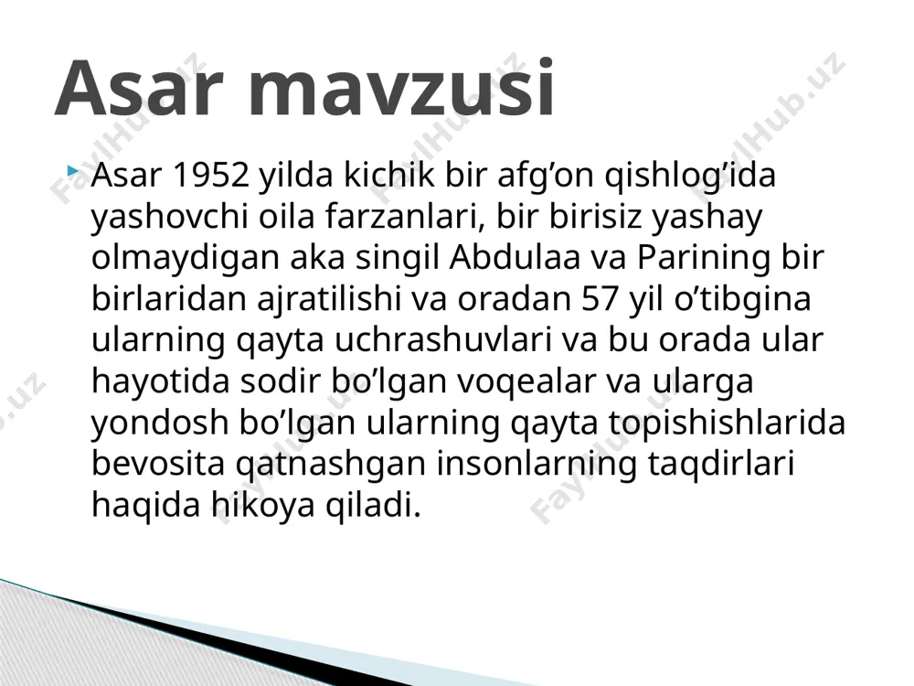 siy voqealar rivojiga ta’siri katta bo’lmagan badiiy qoliplash:asarda barcha hikoyalar har xil insonlar tomondan aytilsada va ular turli zamon va makonlarda sodir bo’lsada ularning bari abdulla va parining uchrashuvi uchun xizmat qiladi badiiy asar kompozitsiyasi prolog: asar boshidagi ayub bobo hikoyasi asar prologi sifatida qabul qilinishi mumkin ekspozitsiya: asar voqealarining qay tarzda yuzaga kelganligi har biri alohida hikoyalar davomida o’quvchiga ma’lum bo’la boshlaydi tugun: parinig o’z otasi tomonidan sharoitning og’irligidan kelib chiiqan holda boy xonadonga sotishi asar voqealriga mantiqit muqaddima bo’la oladi voqealar rivoji: asar bilan tanishib borar ekanmiz parining va uning asrab olgan ota onjasining keyingi kechgan yyillari va ularning fransiyaga ko’chib borishlari ,,u yerda parining talim olishi va onasining hushdori bilan bo’lgan qisqa ishqiy munosabatlari haqida bilib olamiz. va bu orada biz yondosh personajlar nabi va doktor markosning hayotlari haqida ham malumotga ega bo’lamiz. asarimizning mantiqiy bosh qahramoni pari keyingi yillarda turmush qurib bolali bo’ladi va yillar o’tib …