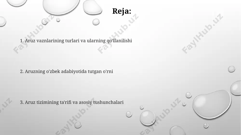 ridir. hazaj vazni 8 bo'g'inli misralardan iborat bo'lib, lirik she'rlarda keng qo'llaniladi, ramal esa 7 bo'g'inlidir. aruzda qo'llaniladigan adabiy san'atlar aruzda "irsoli masal" kabi adabiy san'atdan foydalanish orqali 5-6 baytlik g'azallarda hikmatli so'zlar va pand-nasihatlar ifodalanadi, bu esa asar ta'sirchanligini oshiradi. aruzda 12 dan ortiq vaznlarning har biri o'ziga xos xususiyatlarga ega, shuning uchun "tazod" (qarama-qarshilik) san'ati, ayniqsa, she'riy misralarning ohangini boyitishda muhim rol o'ynaydi. aruz she'riyatida "husni ta'lil" san'ati, ya'ni 3-4 xil sababni bir voqeaga bog'lash orqali, she'rning badiiyligi va o'quvchiga yetkazmoqchi bo'lgan ma'nosi yanada kuchayadi. aruz vaznlarining asosiy elementlari har bir misradagi boʻgʻinlar soni muhim. masalan, "mutaqorib" vazni 4 ta takroriy "fa'ulun" bo'lagidan iborat bo'lib, jami 16 ta boʻgʻinni tashkil etadi. aruz vaznlarining asosiy elementlari "taktea" qoidalari asosiy hisoblanadi. har bir vazn "fa'lun", "mufa'ilatun" kabi 8 asosiy takteaga bo'linadi. ushbu taktealar vaznning ritmik tuzilishini belgilaydi. aruzda qofiya va radif aruzda qofiya va radif haqida ma'lumot aruz tizimida qofiya …