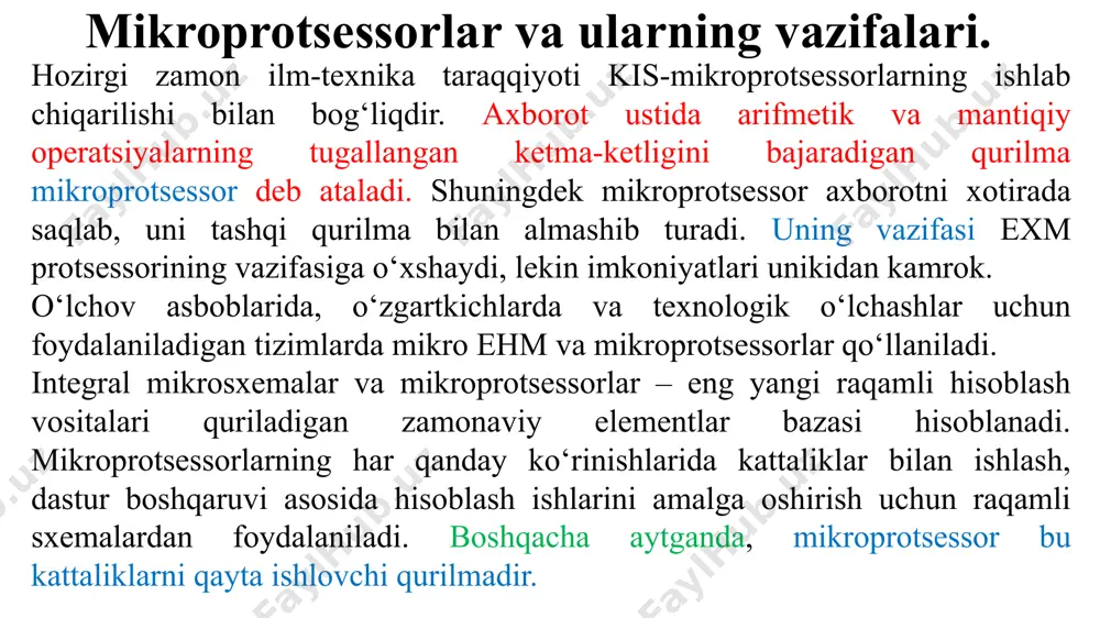 o‘ta katta is (104 va undan ko‘p element) ko‘rinishida bo‘lishi mumkin. yarim o‘tkazgichli is larda elementlar va ular orasidagi bog‘lanishlar yarim o‘tkazgich sirtida va ichida bajariladi. 1-rasm 1-rasm.yarim o‘tkazgichli kristallda turli elementlarni joylashtirish misollari. is larning afzalligi yuqori ishonchlilik, tezkorlik, og‘irligining kamligi, kam energiya talab etishi, bajaraetgan funksiyalarini murakkablash-tirish imkoniyatining borligi va boshqalar hisoblanadi. is larning shartli belgilari quyidagi elementlardan tashkil topgan: birinchi element- is guruhini bildiruvchi raqam (1, 5, 7 — yarim o‘tkazgichli; 2, 4, 6, 8 — gibridli; 3 — plenkali, sopol (keramik) va boshq.). keng iste’moldagi kurilmalarda harflar ham ishlatilishi mumkin. ikkinchi element - mikrosxema seriyasini bildiruvchi uchta raqam (000 dan 999 gacha). uchinchi element — is vazifasidan kelib chiqib, uning ko‘rinishi va kichik guruhini anglatadi. to‘rtinchi element — shu seriyadagi mikrosxemaning shartli raqami (nomeri). shartli belgilar nomlanishi bajaradigan funksiyasi shartli belgilanishi asli kurinishi 1 diod elektr tokini bir tomonlama o‘tkazadi 2 stabilitron tokni barqarorlashtiradi 3 varikap …