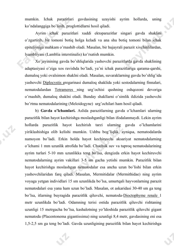 ashgan nematodalar esa ancha uzun bo’lishi bilan erkin yashovchilaridan farq qiladi. masalan, mermitidalar (mermithidae) ning ayrim voyaga yetgan individlari 15 sm uzunlikda bo’lsa, umurtqali hayvonlarning parazit nematodalari esa yana ham uzun bo’ladi. masalan, ot askaridasi 30-40 sm ga teng bo’lsa, itlarning buyragida parazitlik qiluvchi, nematoda-dioctophyme renale 1 metr uzunlikda bo’ladi. odamning terisi ostida parazitlik qiluvchi rishtaning uzunligi 15 metrgacha bo’lsa, kashalotning yo’ldoshida parazitlik qiluvchi gigant nematoda (placentonema gigantissima) ning uzunligi 8,4 metr, gavdasining eni esa 1,5-2,5 sm ga teng bo’ladi. gavda uzunligining parazitlik bilan hayot kechirishga bog’liq bo’lishini aloionema fakultativ parazit nematodasida aniq namoyon bo’ladi. uning parazitlik bilan hayot kechiruvchi avlodi lichinkalarining uzunligi erkin hayot kechiruvchi avlod lichinkalarining uzunligidan qariyb 2 barobar ortiq bo’ladi. 2. yopishish organlarining adaptatsiyalari ko’pchilik parazitlarning xarakterli xususiyatlaridan biri, ularda yopishish organlarining mavjudligidir. ushbu organlar parazitning o’z xo’jayini bilan yaqin munosabatda bo’lishi tufayli shakllangan hamda takomillashib borgan. shunisi e’tiborni o’ziga jalb etadiki, hayvonlar olamida yopishish organlarining …