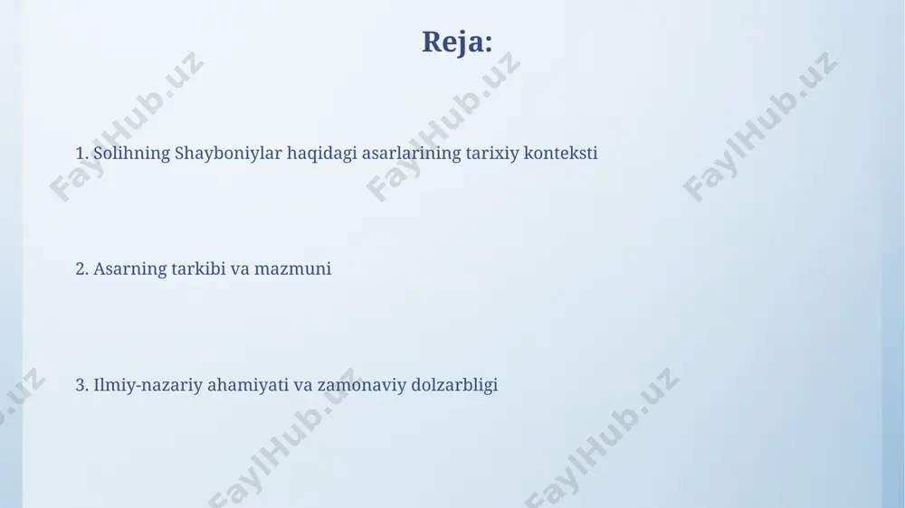 yati uning turkiy tillar lug'at boyligini, taxminan 500 dan ziyod so'z va iboralarni o'z ichiga olgan holda, boyitishdagi hissasi bilan bog'liq. qahramonlar va ularning xarakterlari “qahramonlar va ularning xarakterlari” асаридаги 3 та асосий қаҳрамоннинг ҳаётий йўлларининг ўзаро боғлиқлиги 19-аср бухоро амирлигининг сиёсий-ижтимоий ҳаётининг 5 йиллик даврини қамраб олади. асардаги қаҳрамонларнинг характерини тасвирлашда психологияга оид 20 дан ортиқ услублар қўлланилиб, уларнинг ички дунёси ва мотивацияси ҳақида батафсил маълумот берилган. asarning g'oyaviy-badiiy mohiyati “shayboniyxon”da qo‘llanilgan badiiy vositalar, jumladan, ramziy ma’nolar, 5 ta bobga bo‘lingan kompozitsiya tuzilmasi asarning g‘oyaviy mohiyatini yanada boyitadi. asarda 30 dan ortiq tarixiy shaxslar tasvirlangan, ularning har biri o‘ziga xos xarakterga ega, obrazlarning psixologik chuqurligi asar badiiyatining muhim jihatlaridan biridir. shaybaniyxon va tarixiy haqiqat solihnining "shaybaniyxon va tarixiy haqiqat" asarida shayboniyxonning 1469-yilda buxoro yaqinidagi janglarda qatnashgani va 1510-yilda samarqandda vafoti haqidagi tarixiy dalillar tahlil qilinadi. muallif, "shaybaniyxon va tarixiy haqiqat"da shayboniyxonning siyosati va harbiy yutuqlari bilan birga, uning shaxsiy …