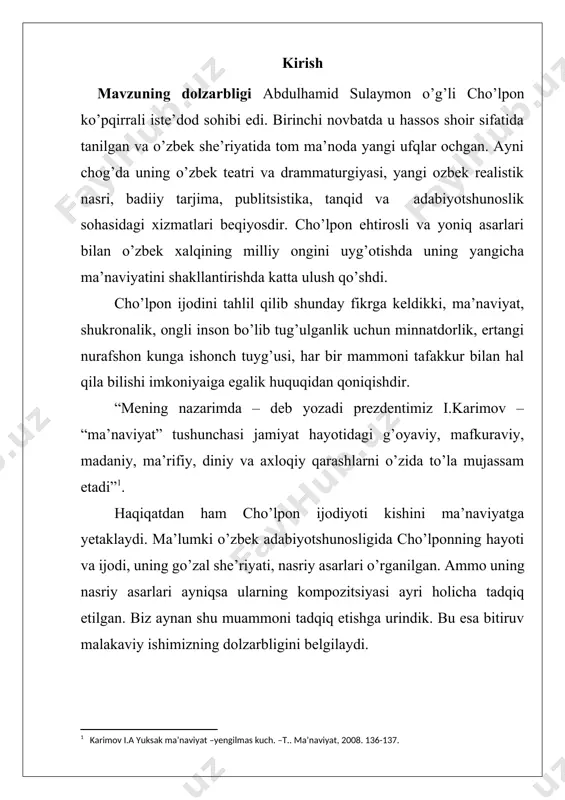 va fikrlarni ifodalashga qaratilgan. shu bois, lirik qahramon tushunchasi adabiyotda muhim o‘rin tutadi. lirik qahramon – bu she’riy asarda muallifning yoki qahramonning ichki dunyosini, his-tuyg‘ularini, ruhiy kechinmalarini aks ettiruvchi obrazdir. u ko‘pincha o‘ziga xos sub’yektivlik bilan ajralib turadi, ya’ni voqea yoki holatni o‘z nuqtai nazaridan, o‘z hissiyotlari bilan ifodalaydi. lirik qahramonning o‘zi haqiqiy shaxs bo‘lishi shart emas, u faqat muallifning qalbidan chiqqan bir obraz bo‘lishi mumkin. o‘zbek adabiyotida lirik qahramon tushunchasi an’anaviy va yangi davr adabiyotida o‘zgarib, rivojlandi. an’anaviy adabiyotda lirik qahramon ko‘proq xalq og‘zaki ijodida, xalq she’riyatida ko‘rinadi. masalan, xalq qo‘shiqlari, dostonlar va ruboiylarda qahramonlarning ruhiy holatlari, sevgi, do‘stlik, tabiatga bo‘lgan muhabbat singari mavzular aks etadi. bu qahramonlar ko‘pincha oddiy, sodda, xalq hayotidan olingan obrazlar bo‘ladi. ammo xx asr boshlarida, ayniqsa jadid adabiyoti paydo bo‘lishi bilan lirik qahramonning o‘ziga xosligi ortib, u yanada murakkablashdi. jadidlar zamonaviy she’riyat shakllarini olib kirib, milliy ruhda yangi lirik qahramon yaratishga intildilar. ular orqali …